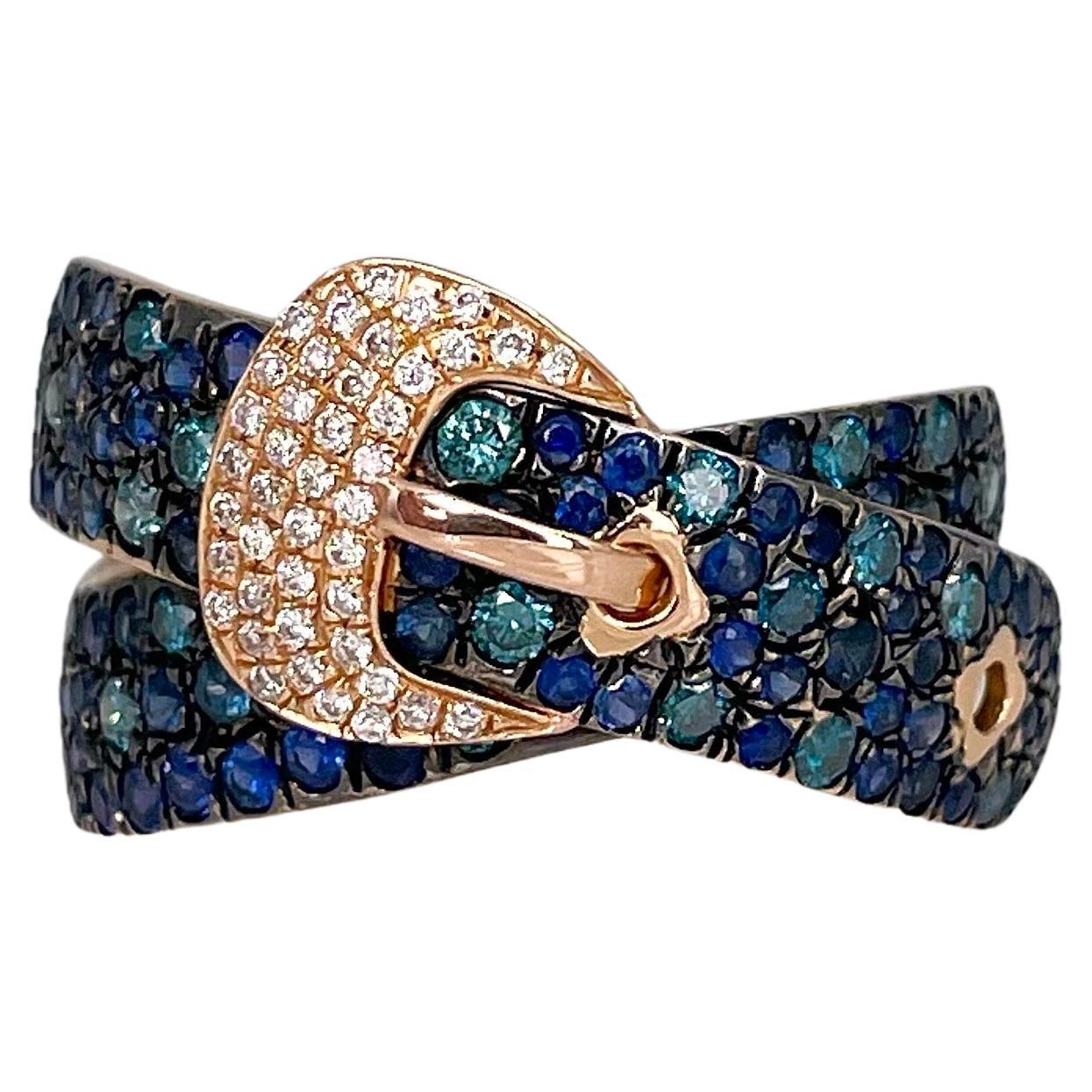 Modern 18 Karat Gold 0.45 Carat Blue Diamond 0.80 Carat Sapphire Buckle Ring