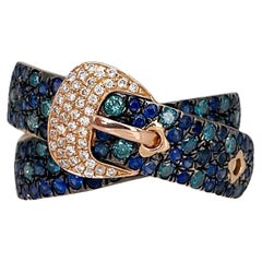 Modern 18 Karat Gold 0.45 Carat Blue Diamond 0.80 Carat Sapphire Buckle Ring