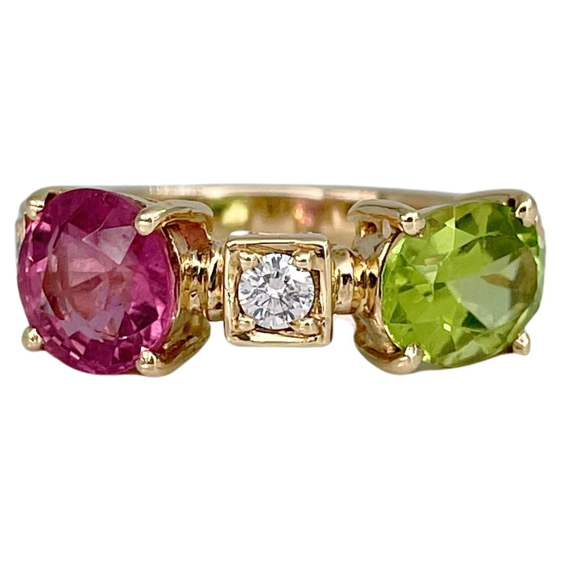 Anello moderno in oro 18 carati con tormalina da 1,30 carati e peridoto con diamante
