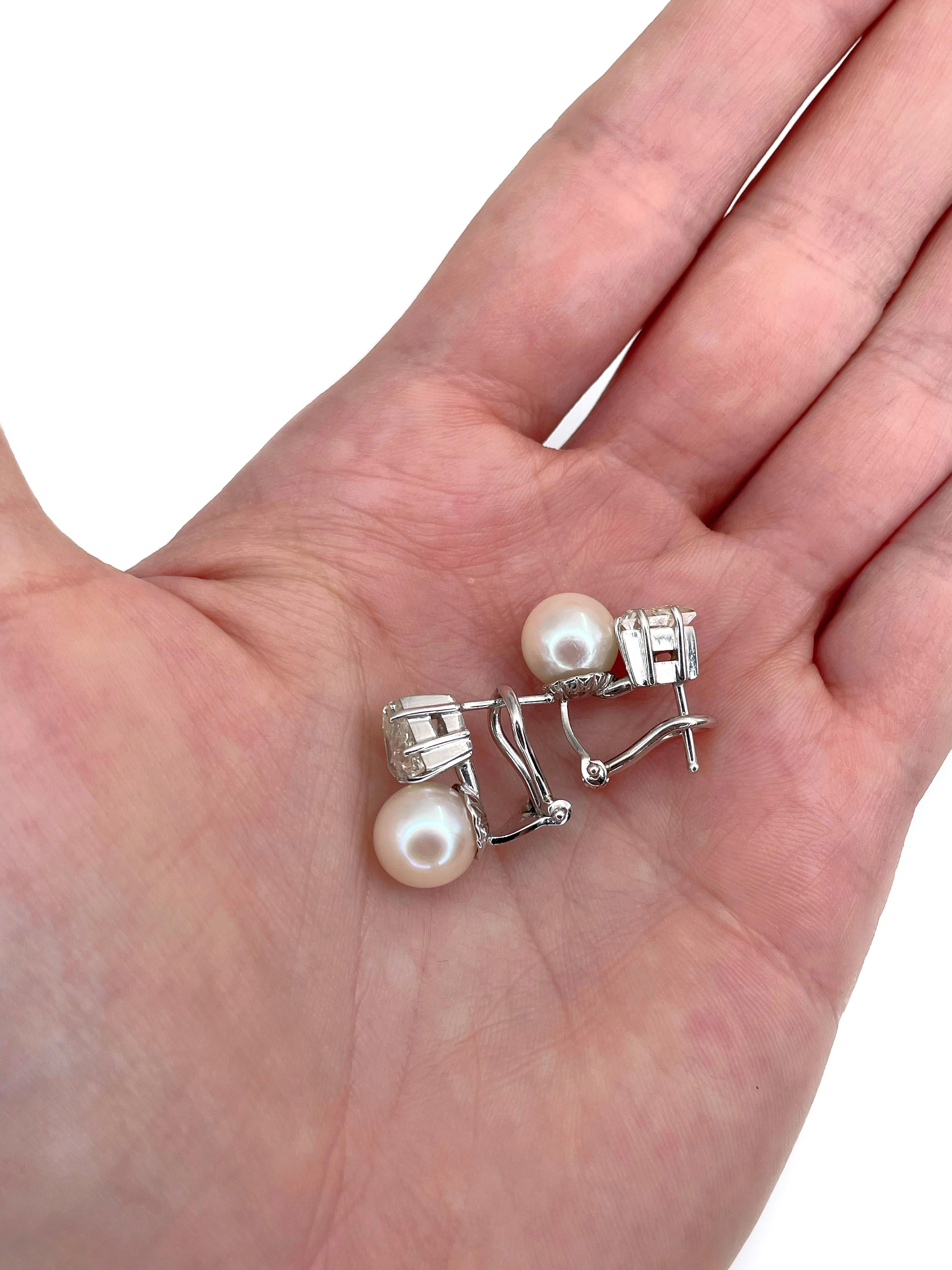Mixed Cut Modern 18 Karat Gold Pearl 2.00 Carat Diamond French Back Earrings