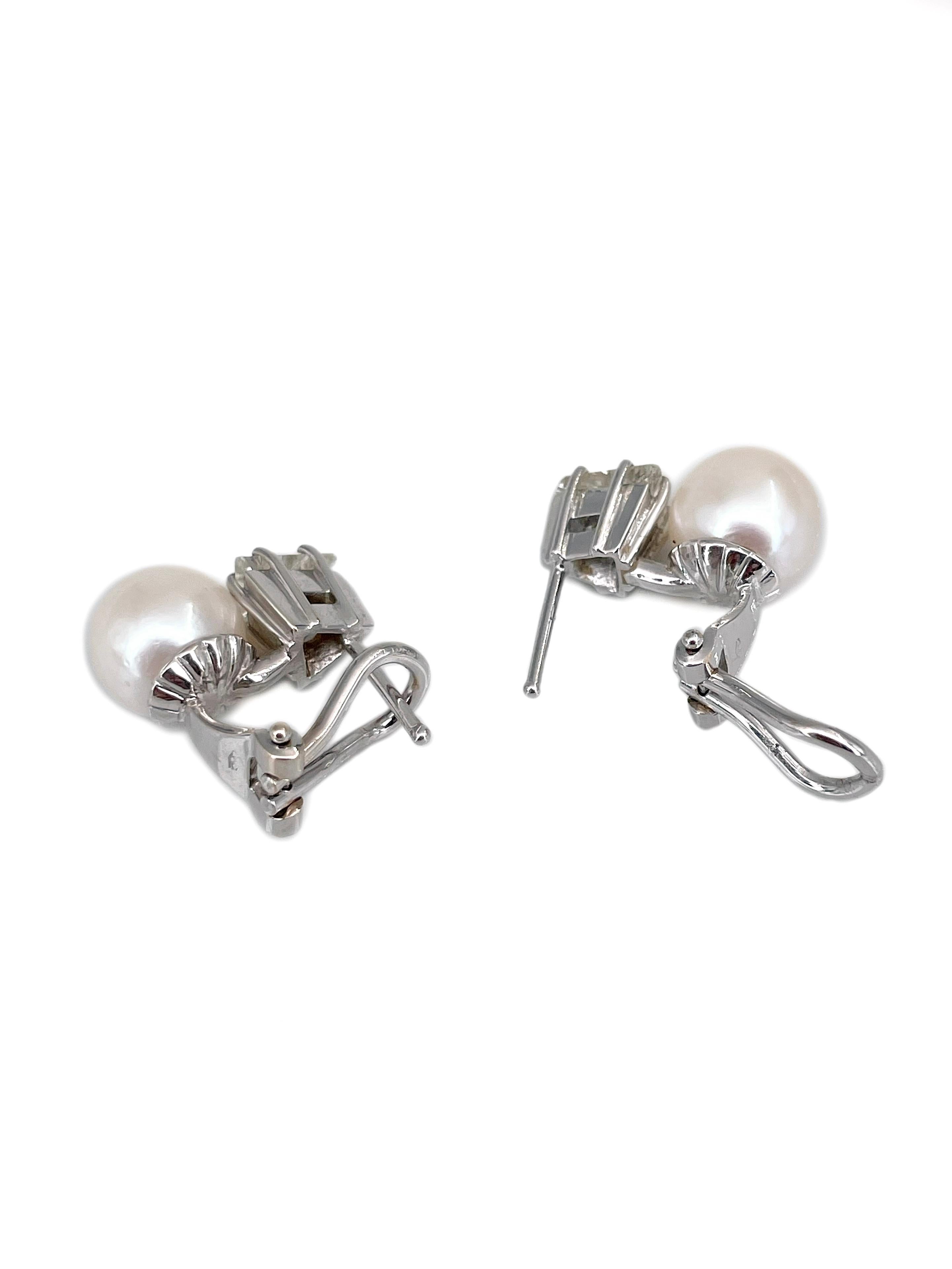 Modern 18 Karat Gold Pearl 2.00 Carat Diamond French Back Earrings In Good Condition In Vilnius, Vilniaus apskr.