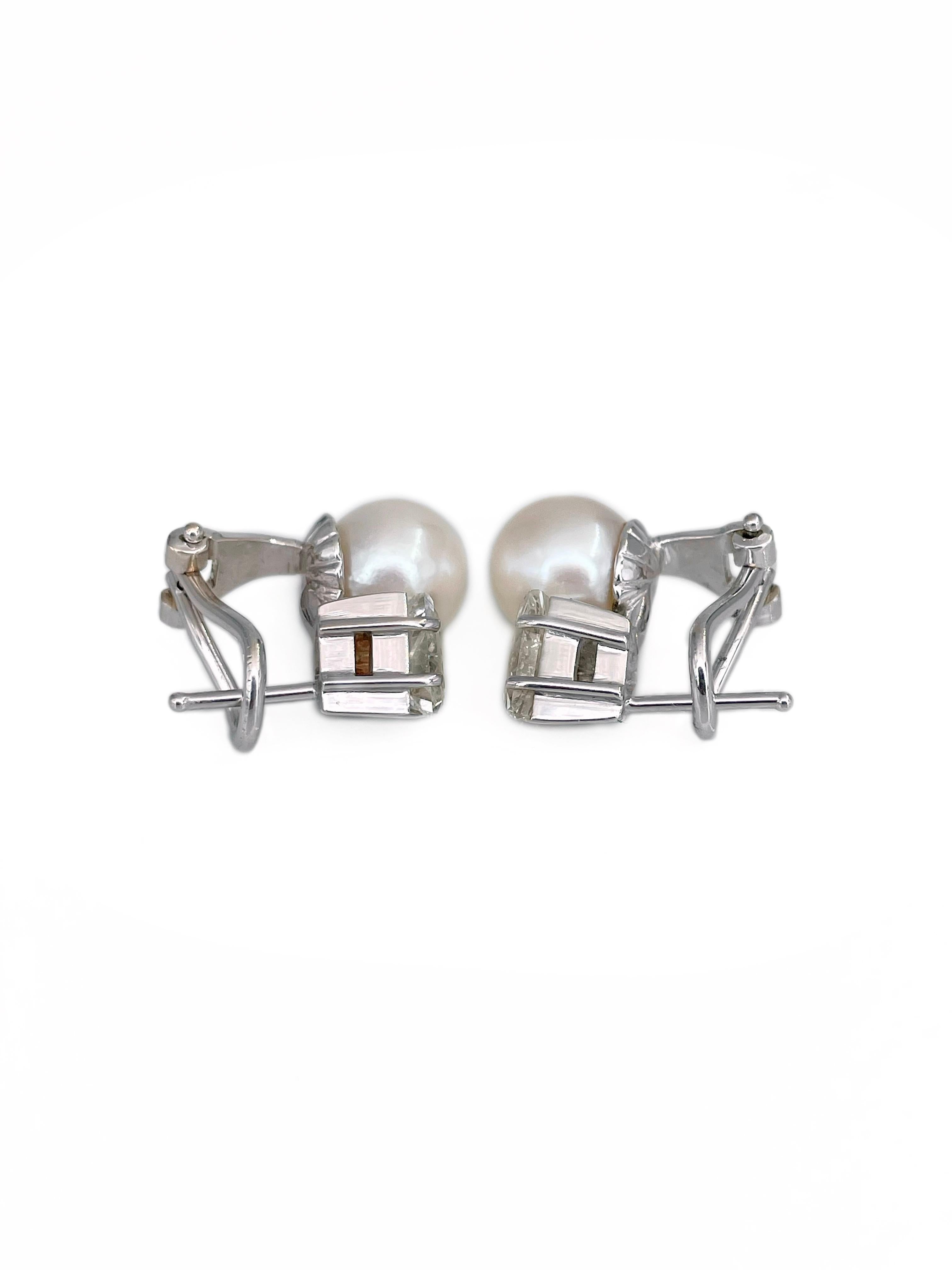 Women's Modern 18 Karat Gold Pearl 2.00 Carat Diamond French Back Earrings
