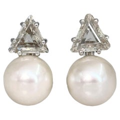 Modern 18 Karat Gold Pearl 2.00 Carat Diamond French Back Earrings