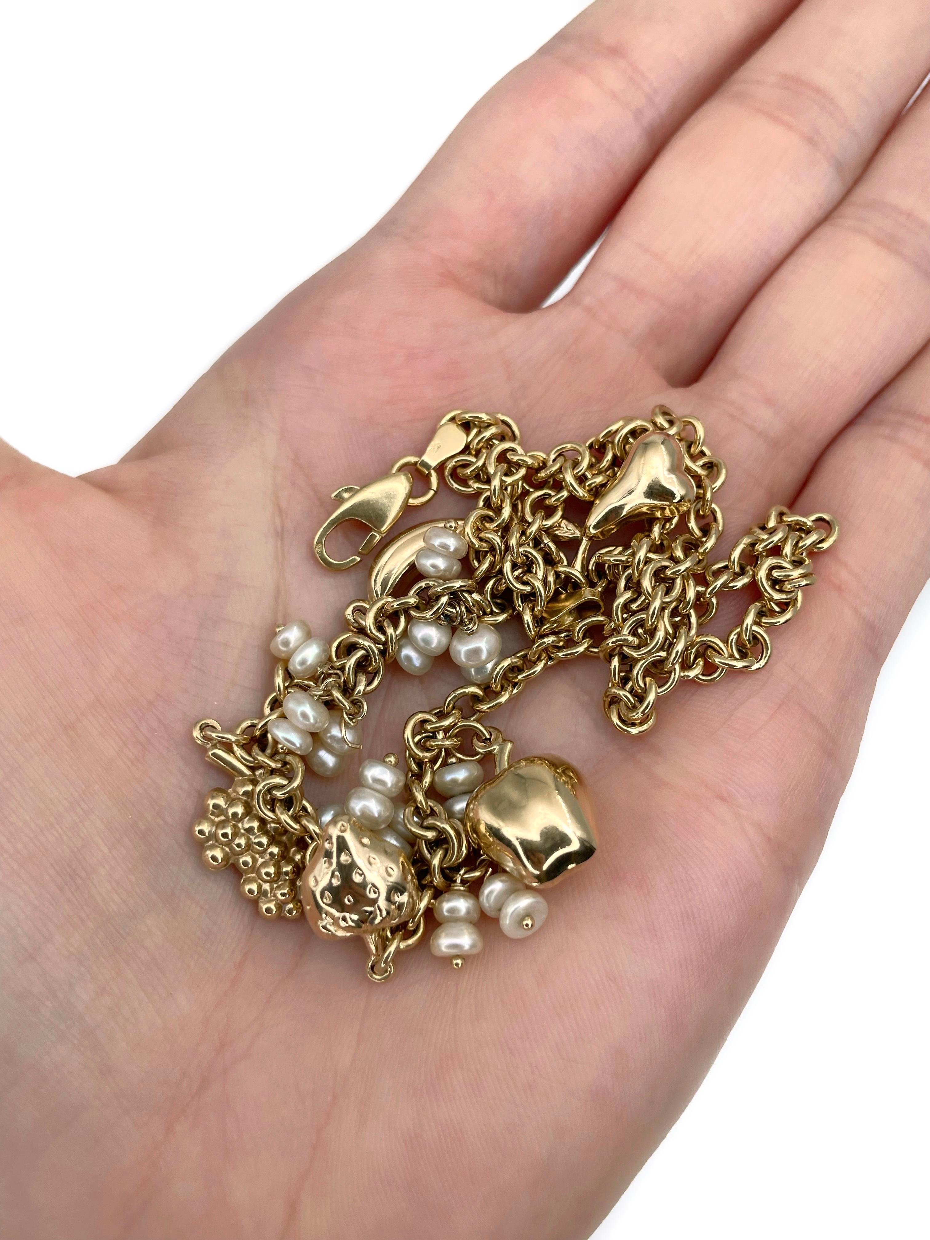 Moderne 18 Karat Gold Perle Obst Charm Kette Halskette Damen im Angebot