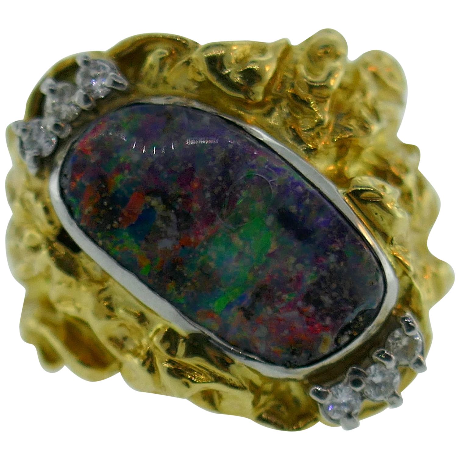 Modern 18 Karat Gold, Platinum, Diamond and Boulder Opal Ring, circa 1990s For Sale