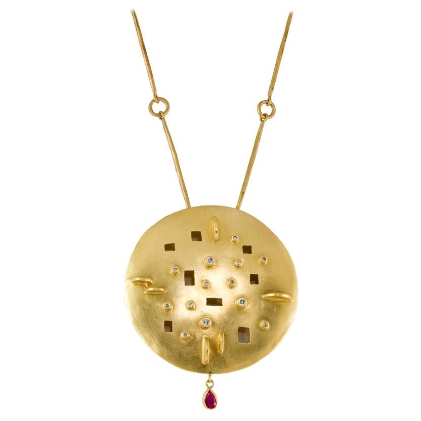 Margery Hirschey 18k Gold Ruby and Diamond Disc Pendant on Handmade Chain For Sale