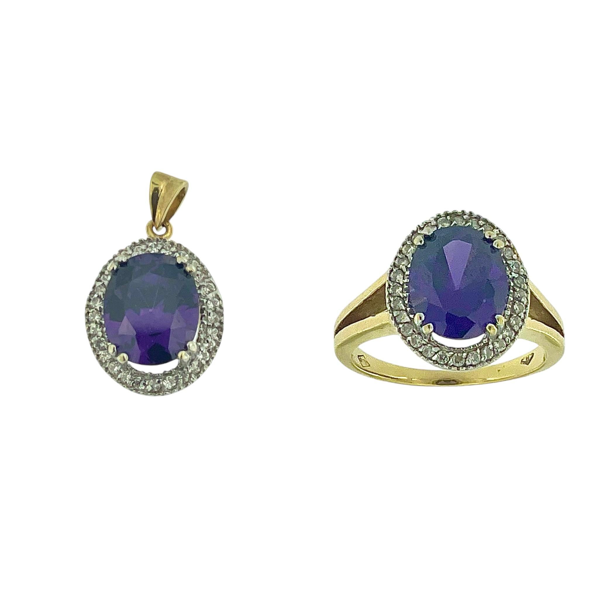 Bague et pendentif modernes en or 18 carats avec améthyste et zircons en vente 5