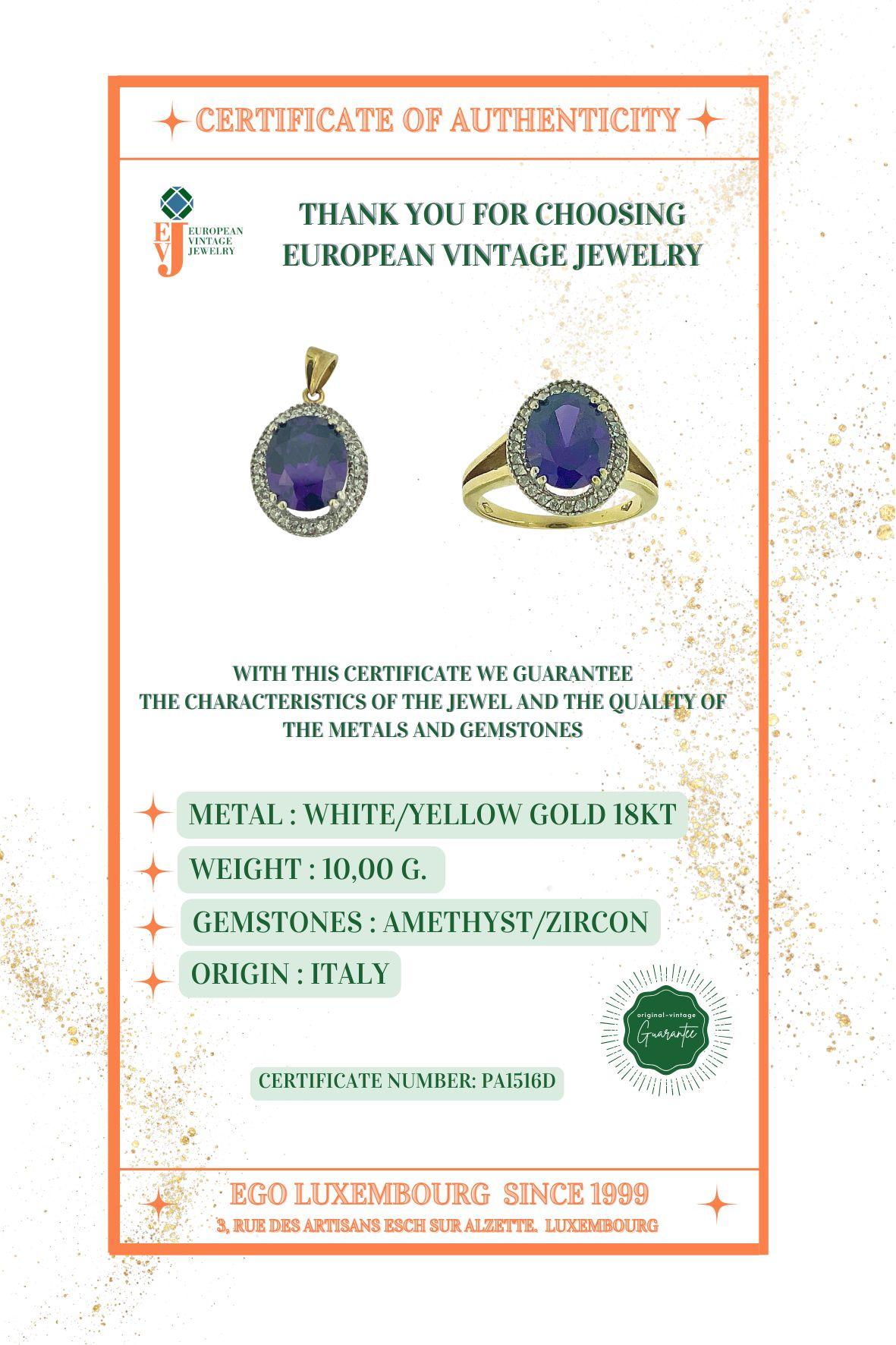 Bague et pendentif modernes en or 18 carats avec améthyste et zircons en vente 6