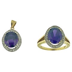 Modern 18 karat Gold Set Ring and Pendant with Amethyst and Zircons