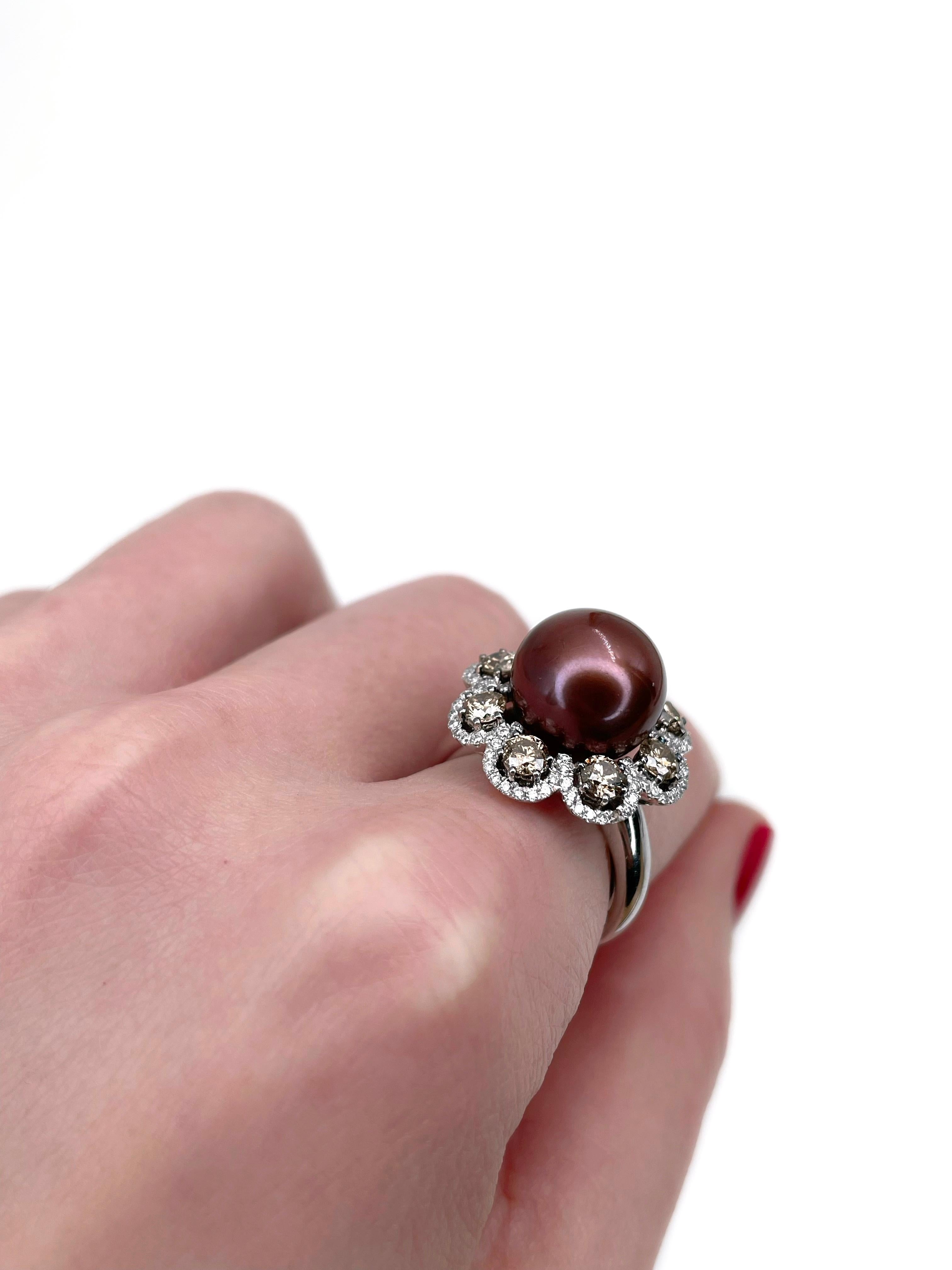 Mixed Cut Modern 18 Karat Gold Tahitian Chocolate Pearl 1.65 Carat Diamond Cocktail Ring