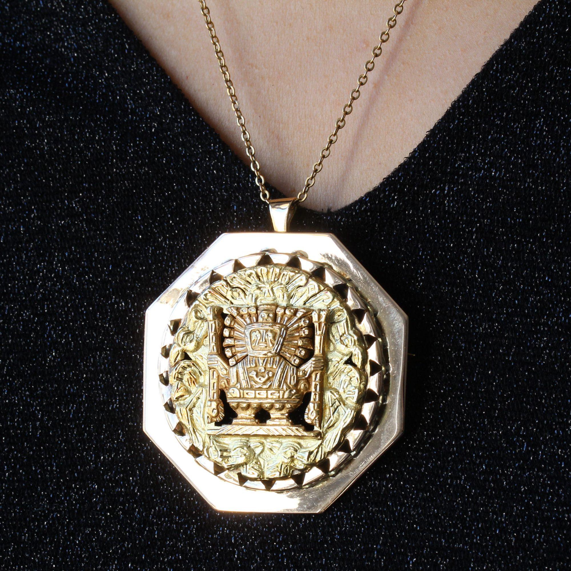 Modern 18 Karat Rose and Yellow Gold Aztec Style Pendant Brooch For Sale 4