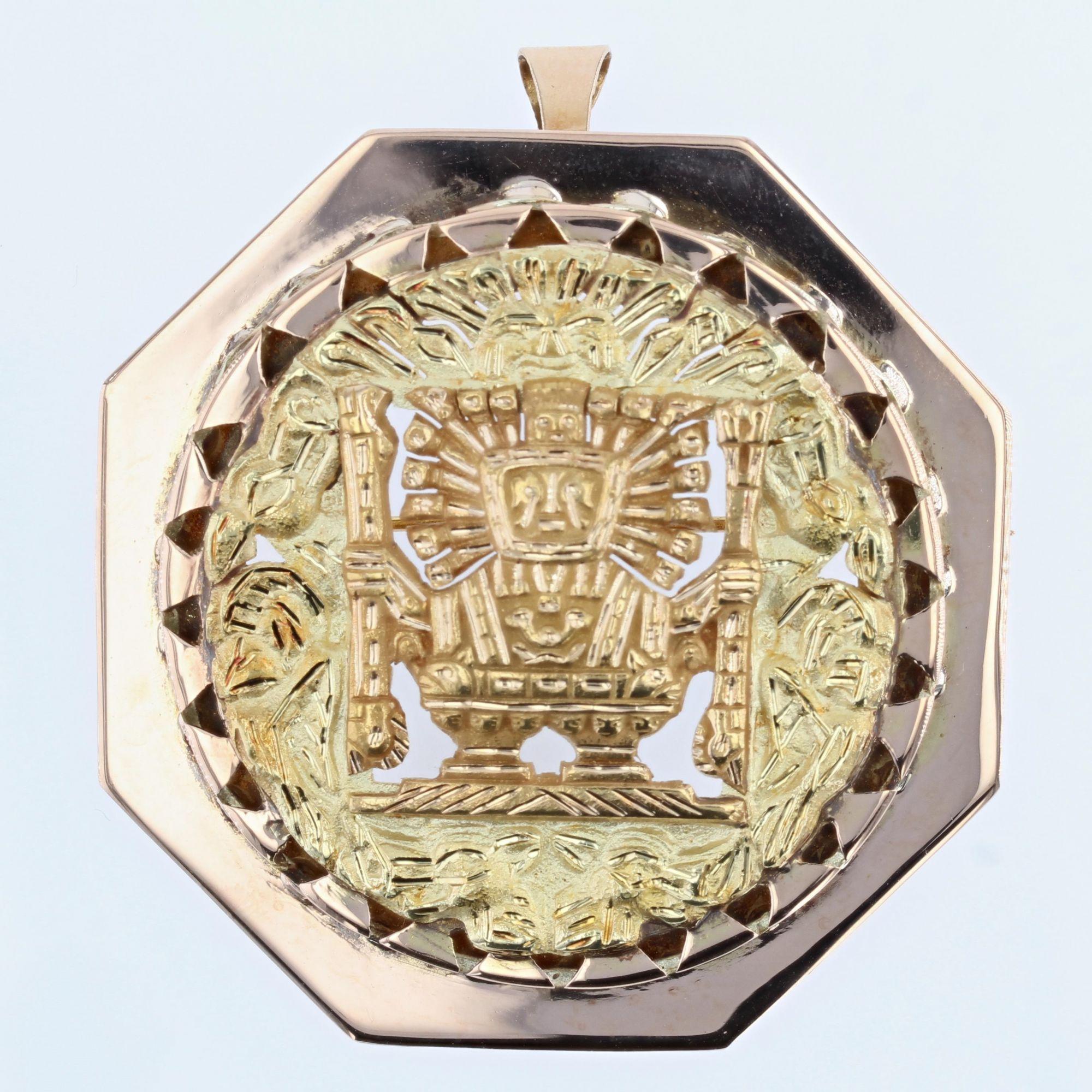 Modern 18 Karat Rose and Yellow Gold Aztec Style Pendant Brooch For Sale 5