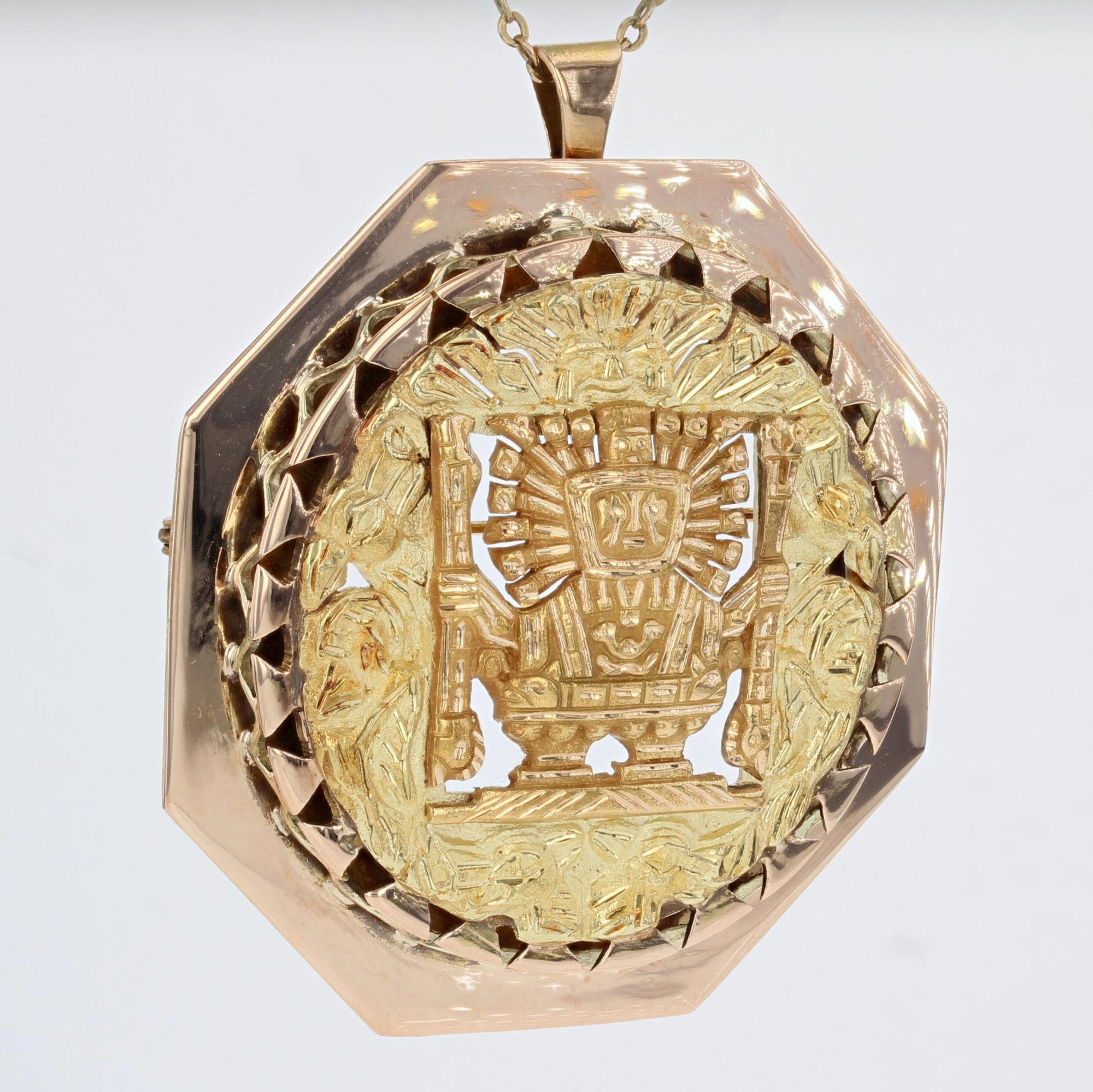 Modern 18 Karat Rose and Yellow Gold Aztec Style Pendant Brooch For Sale 2