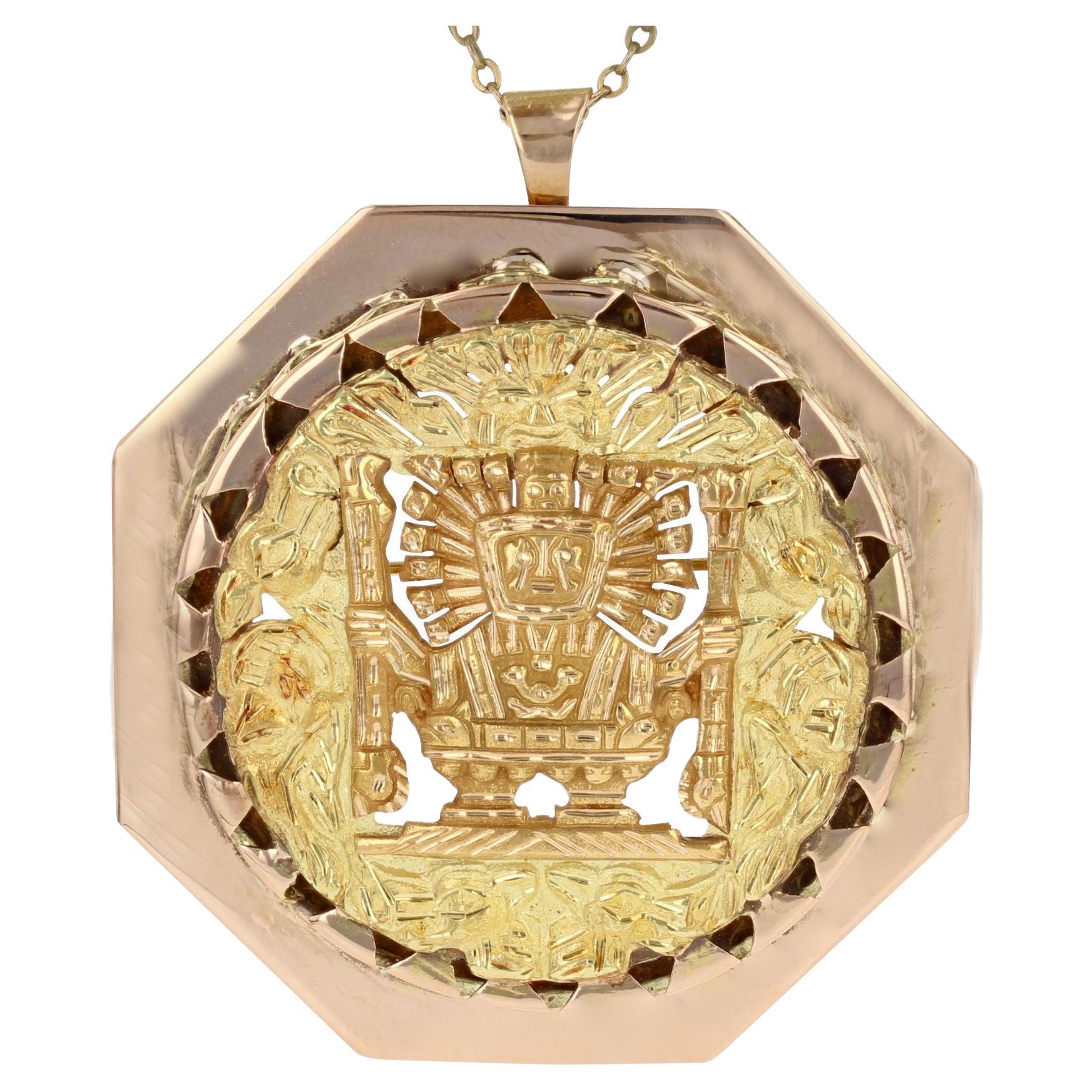 Modern 18 Karat Rose and Yellow Gold Aztec Style Pendant Brooch