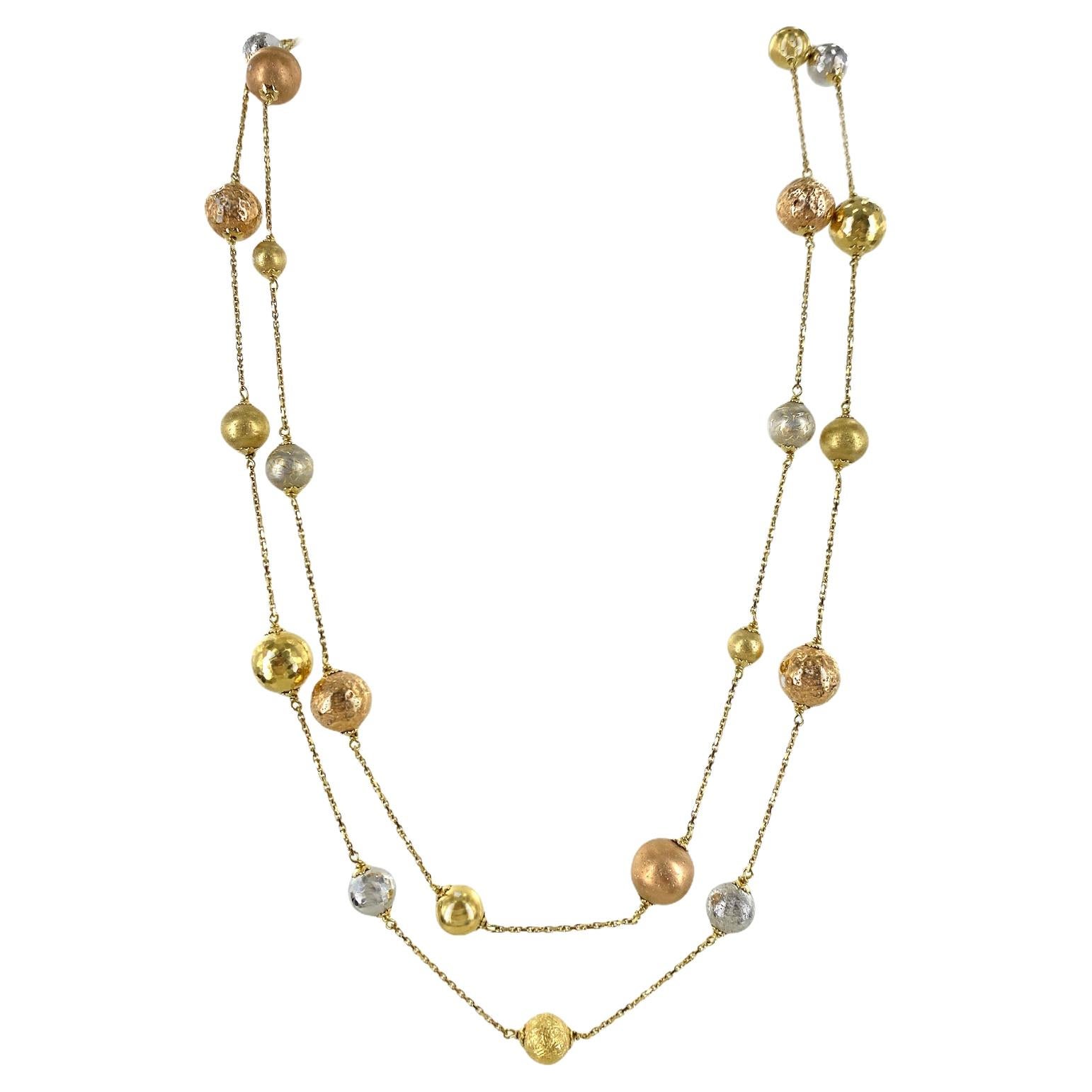Modern 18 Karat Tricolor Gold Ball Two Strand Necklace White Yellow Rose Gold