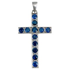 Modern 18 Karat White Gold 2.10 Carat VVS-VS Blue Sapphire Cross Pendant