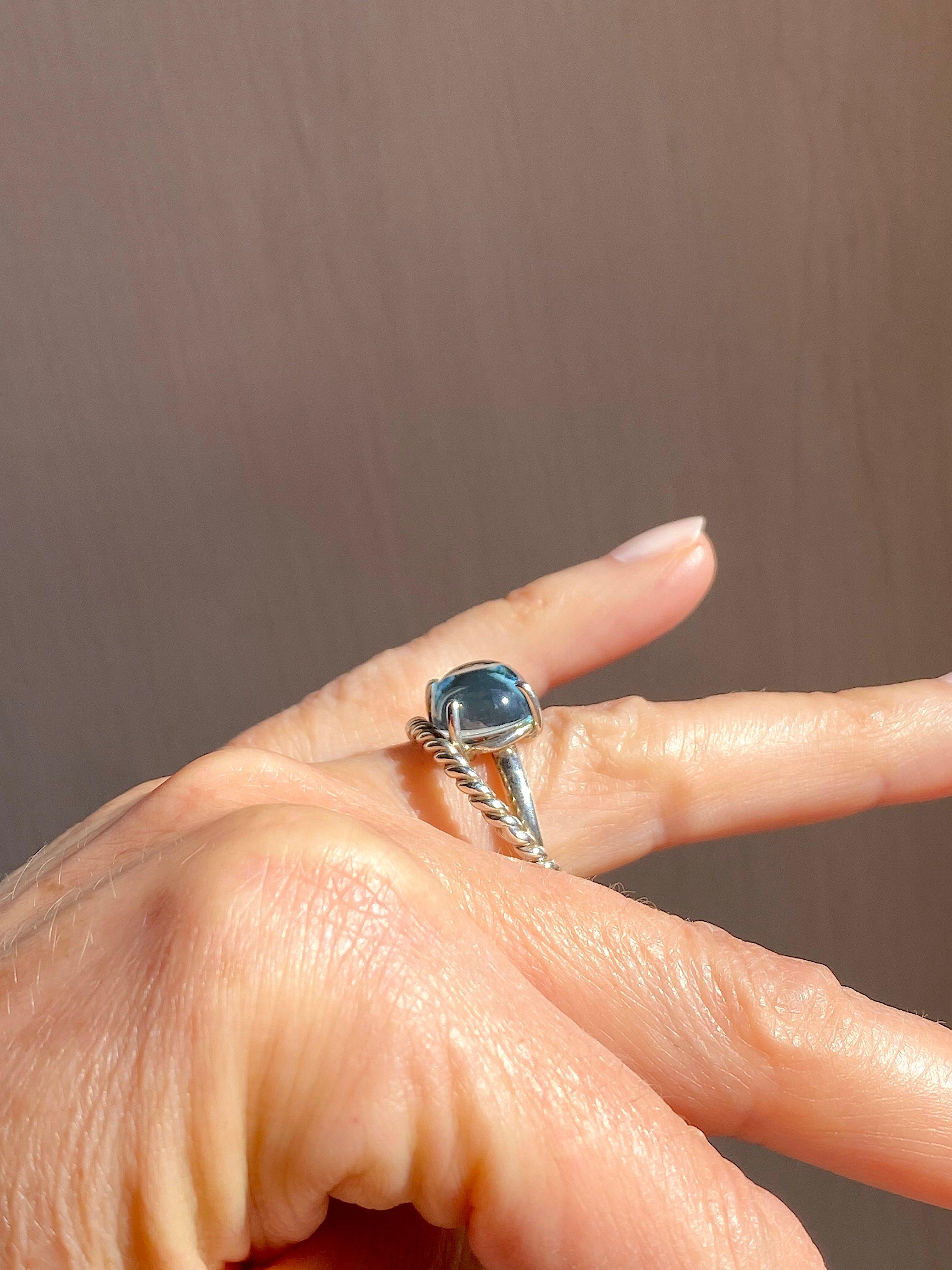 Modern 18 Karat White Gold Blue Cabochon Topaz Handcrafted Cocktail Ring For Sale 6