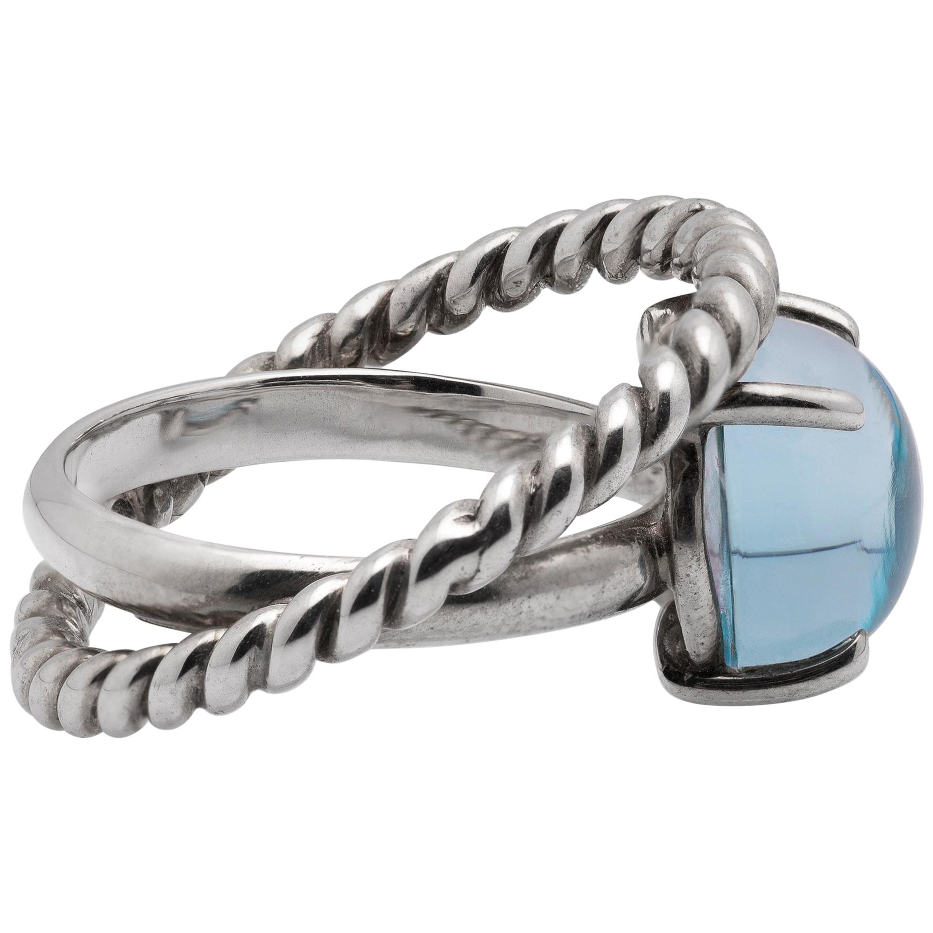 Modern 18 Karat White Gold Blue Cabochon Topaz Handcrafted Cocktail Ring For Sale