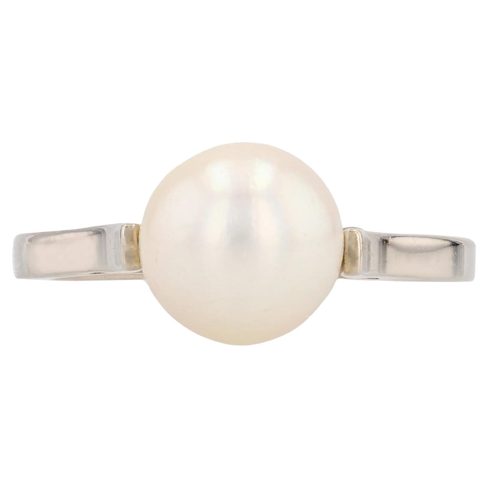Modern 18 Karat White Gold Cultured Pearl Solitaire Ring For Sale
