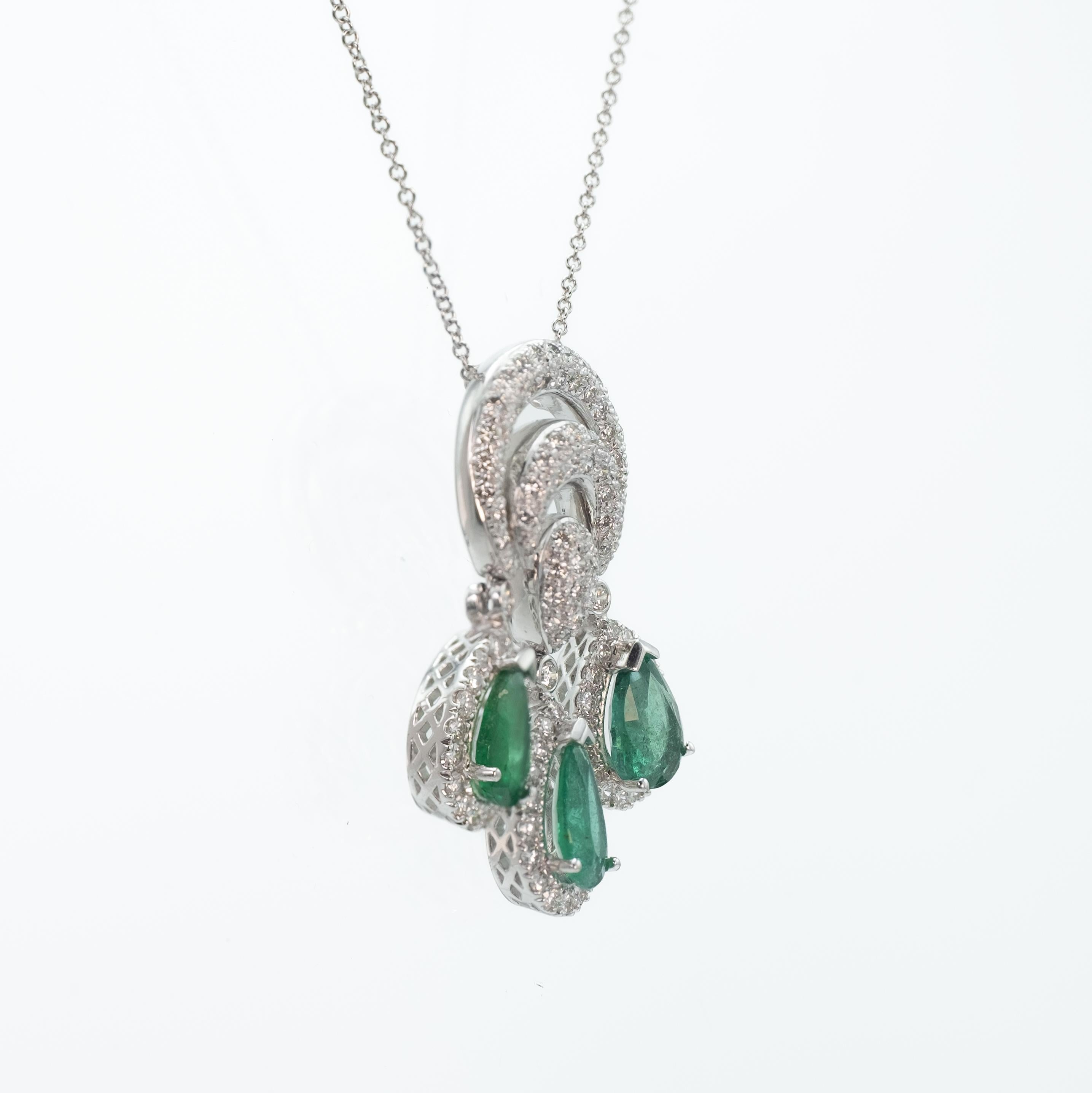 Pear Cut Modern 18 Karat White Gold Emerald and Diamond Statement Pendant and Necklace  For Sale