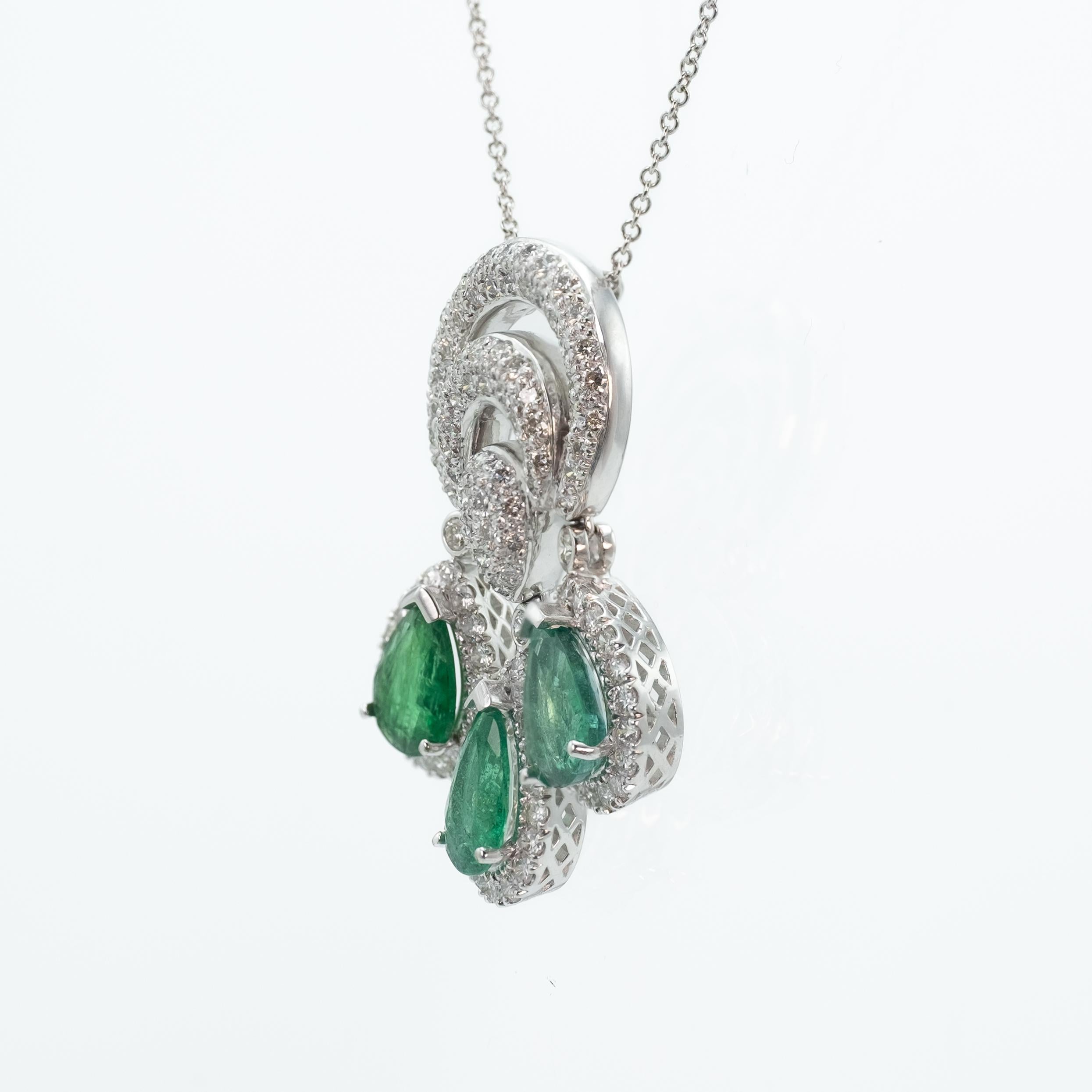 Women's Modern 18 Karat White Gold Emerald and Diamond Statement Pendant and Necklace  For Sale