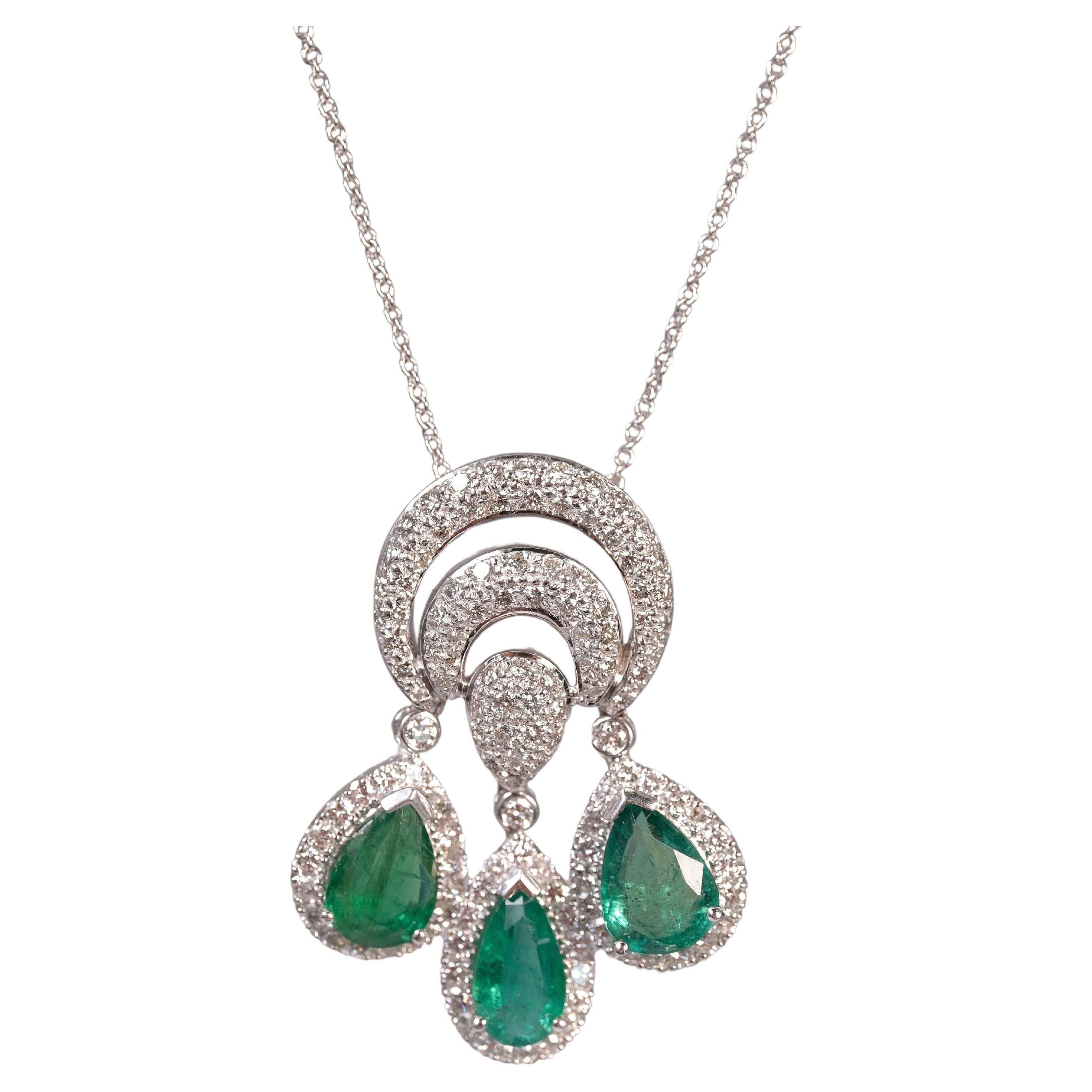 Modern 18 Karat White Gold Emerald and Diamond Statement Pendant and Necklace 