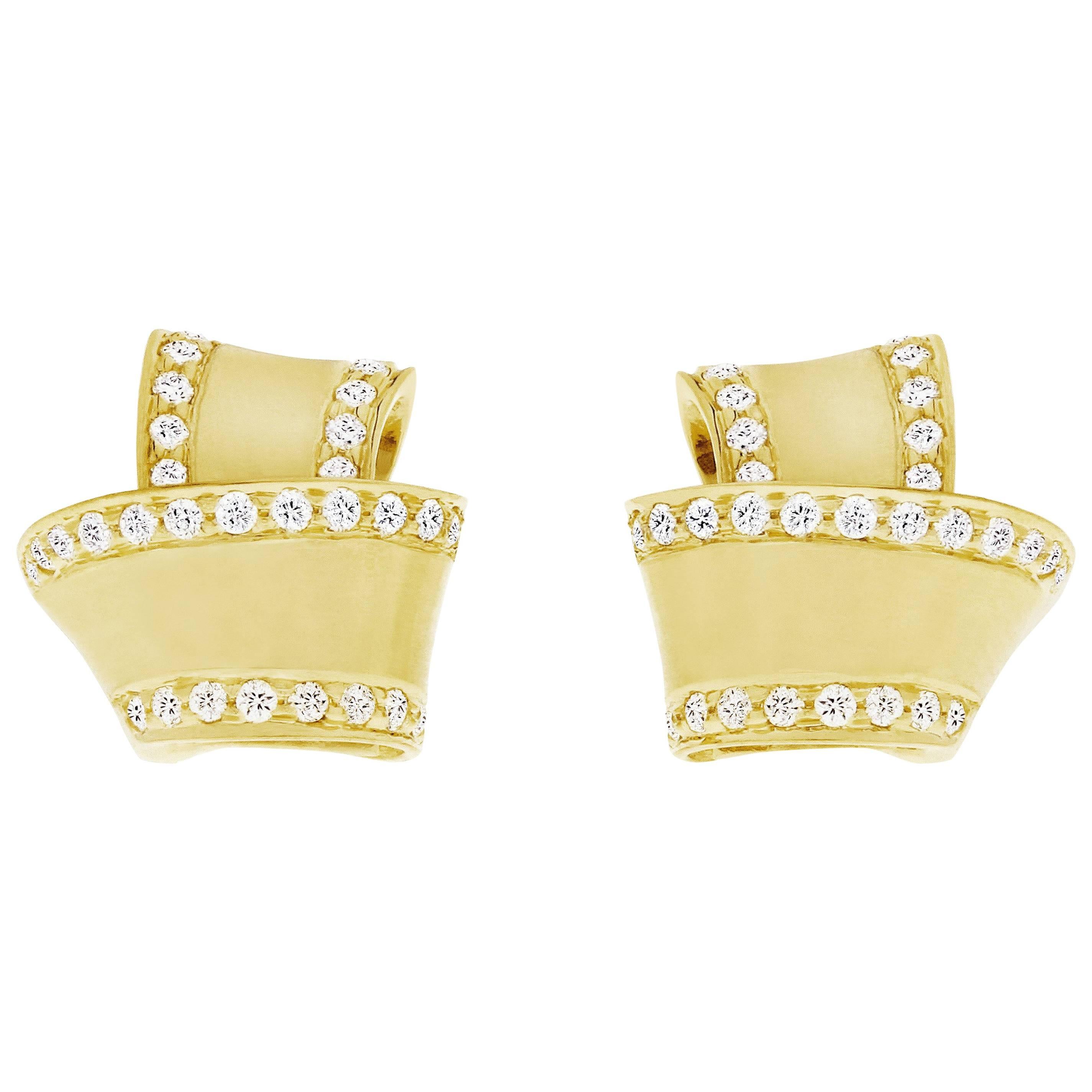 Modern 18 Karat Yellow Gold and .27 Carat Pave Diamond Knot Earrings For Sale