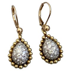 Modern 18 Karat Yellow Gold and Platinum Pave Diamond Teardrop Pierced Earrings