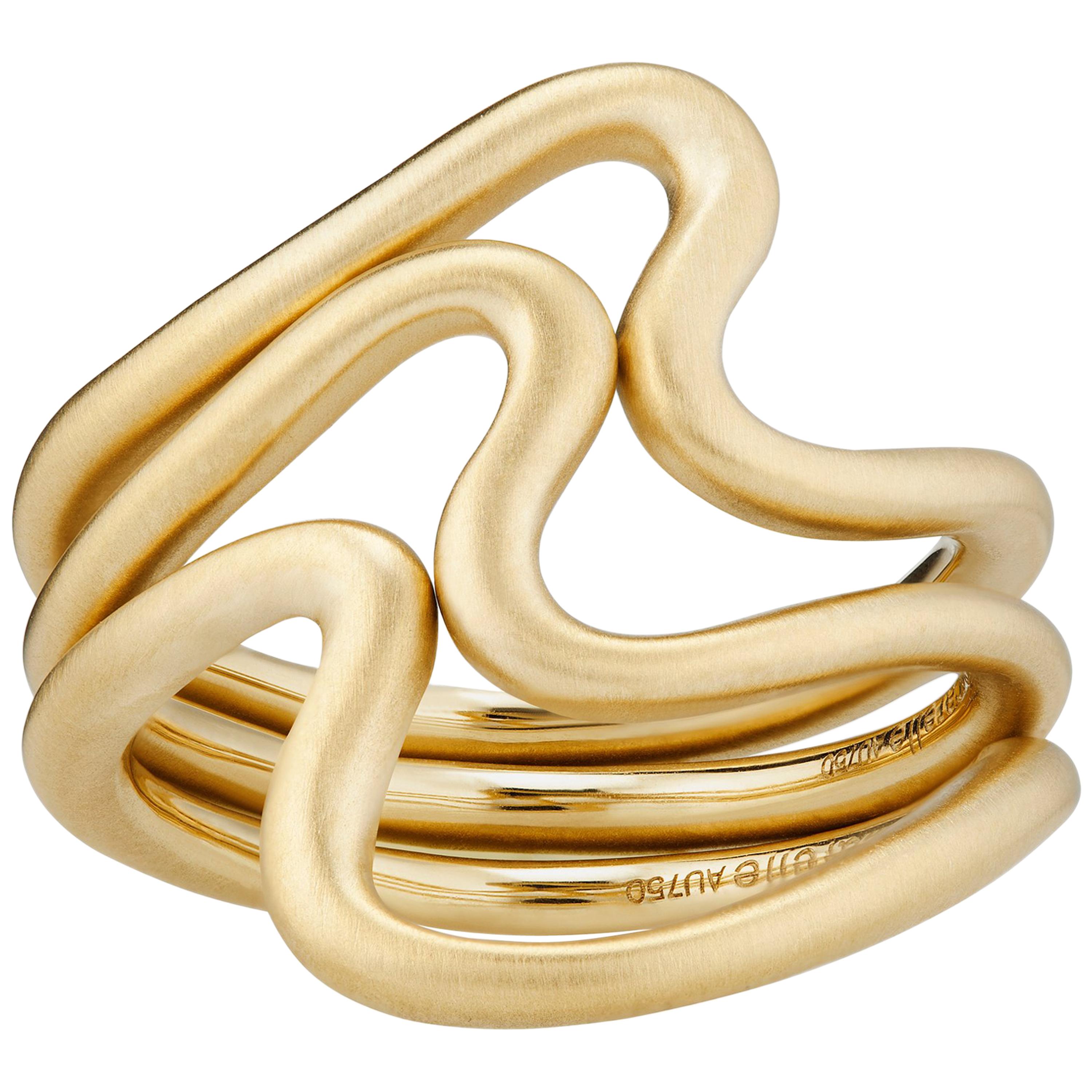 Modern 18 Karat Yellow Gold Carelle Brushstroke Three Ring Stacking Band Set For Sale