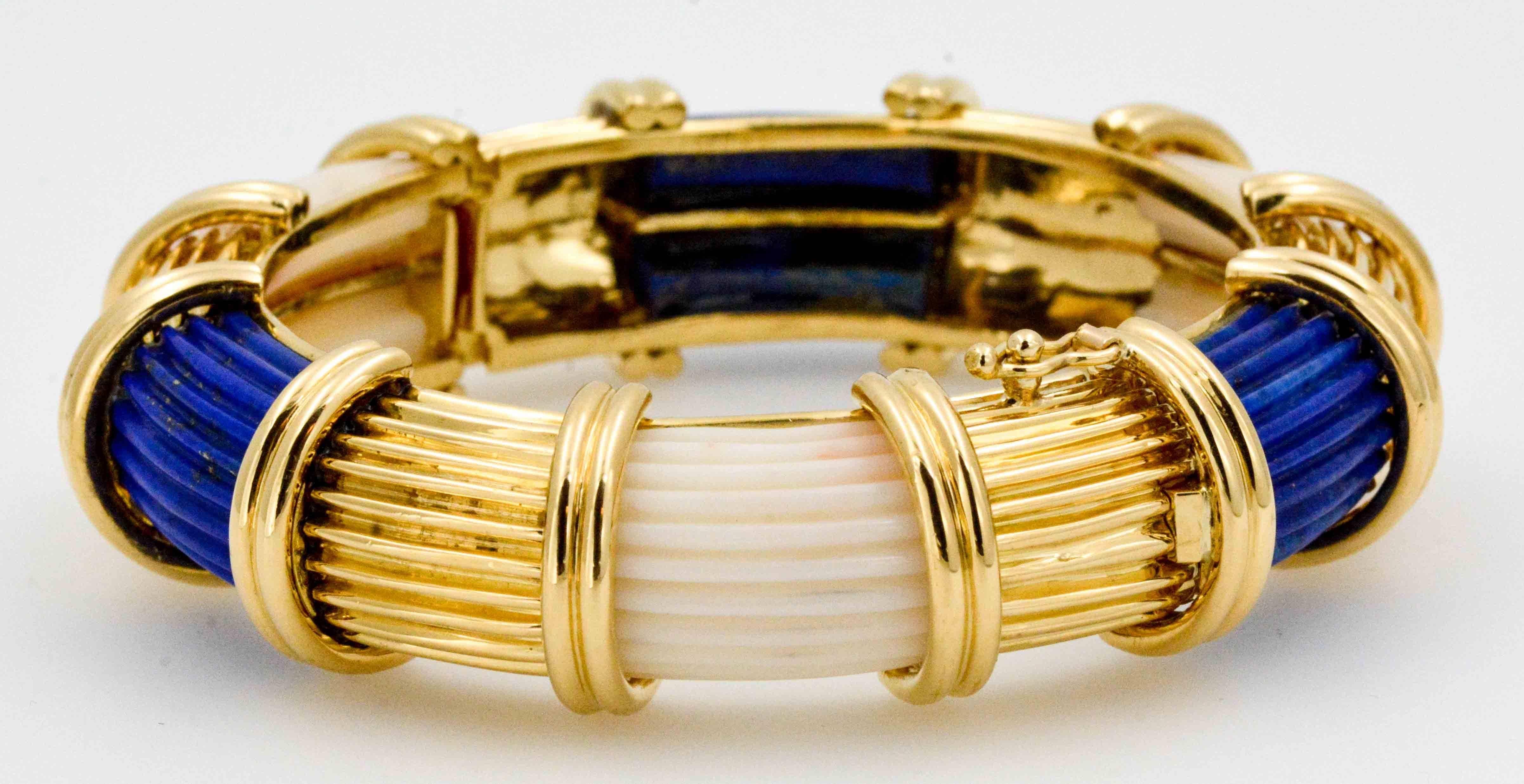 Modern 18 Karat Yellow Gold Carved Lapis White Coral Bangle Bracelet In Excellent Condition In Dallas, TX