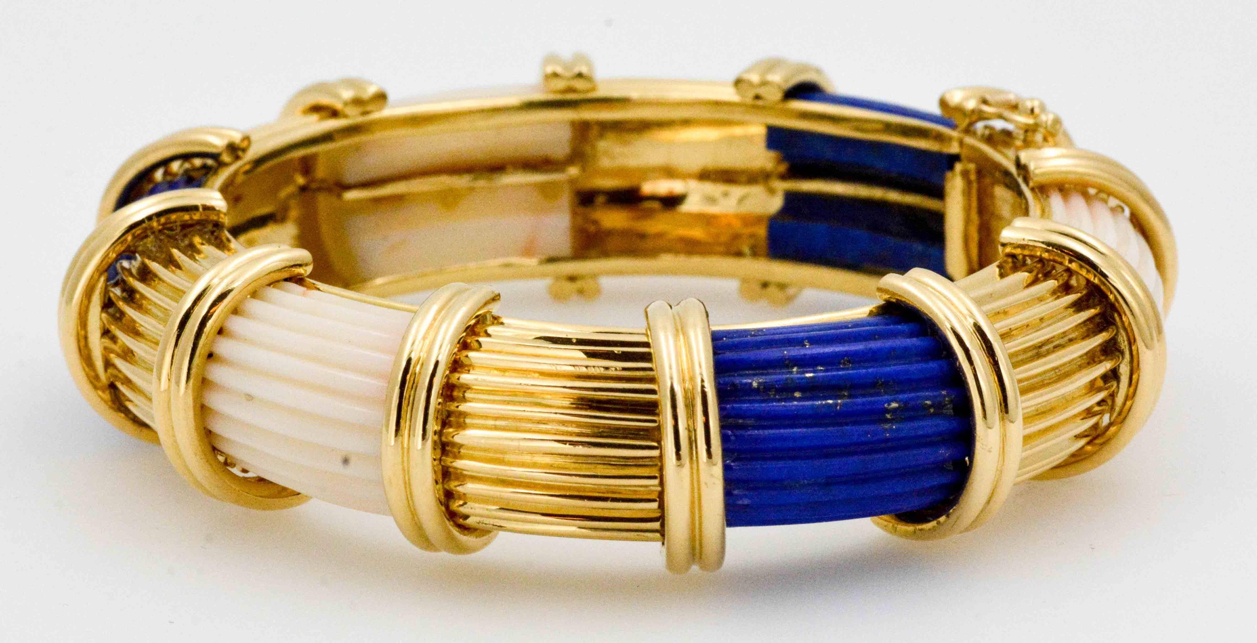 Women's Modern 18 Karat Yellow Gold Carved Lapis White Coral Bangle Bracelet