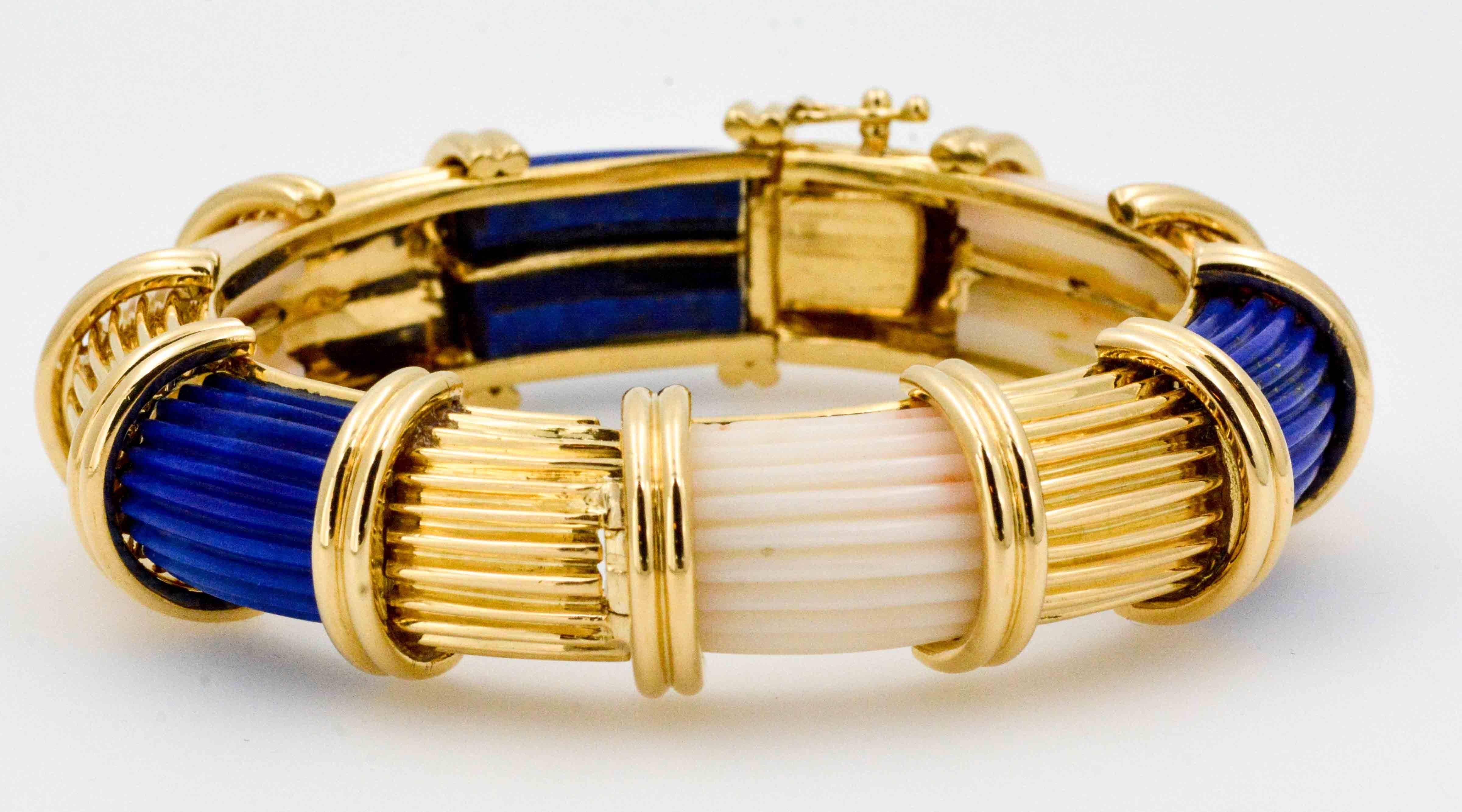 Modern 18 Karat Yellow Gold Carved Lapis White Coral Bangle Bracelet 2