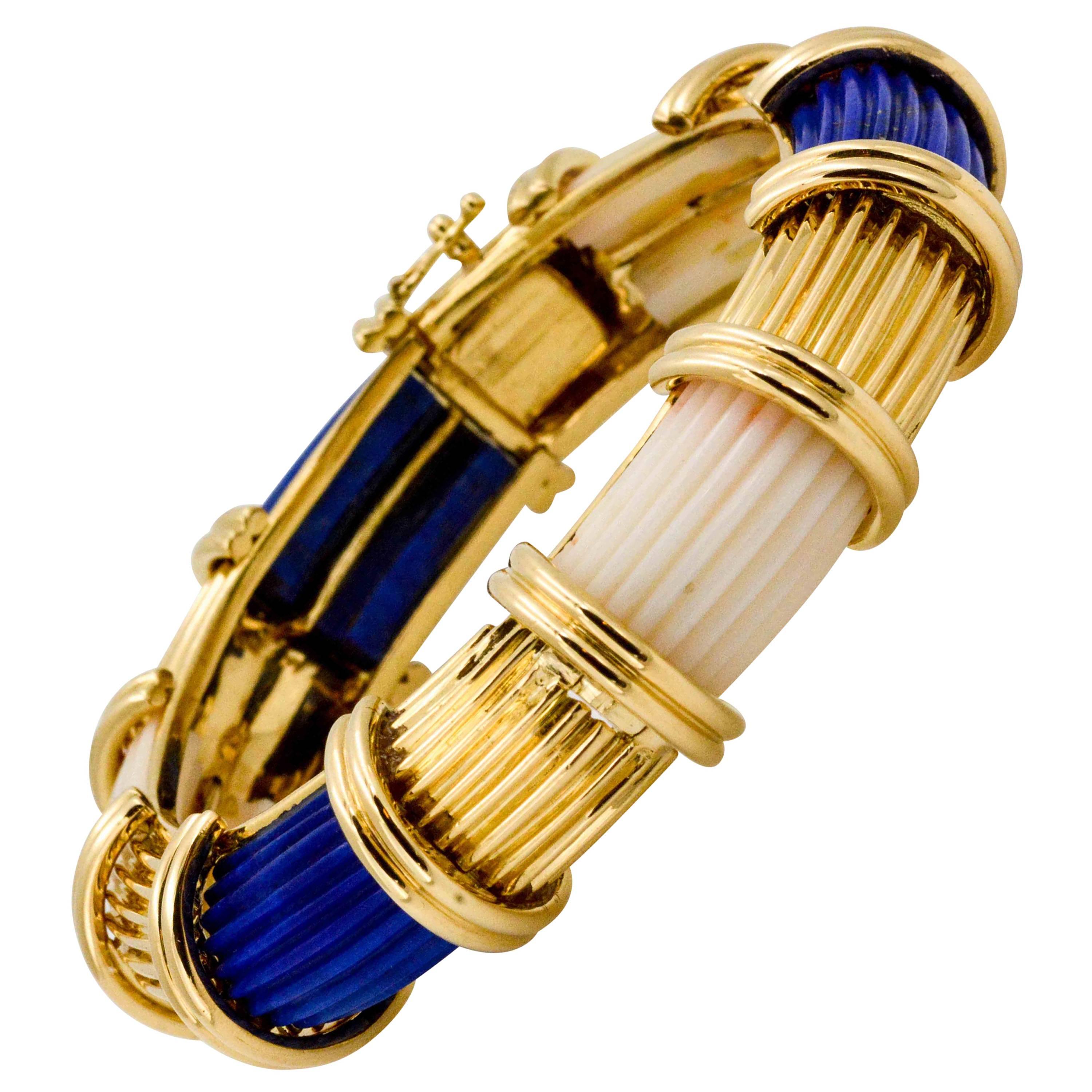 Modern 18 Karat Yellow Gold Carved Lapis White Coral Bangle Bracelet