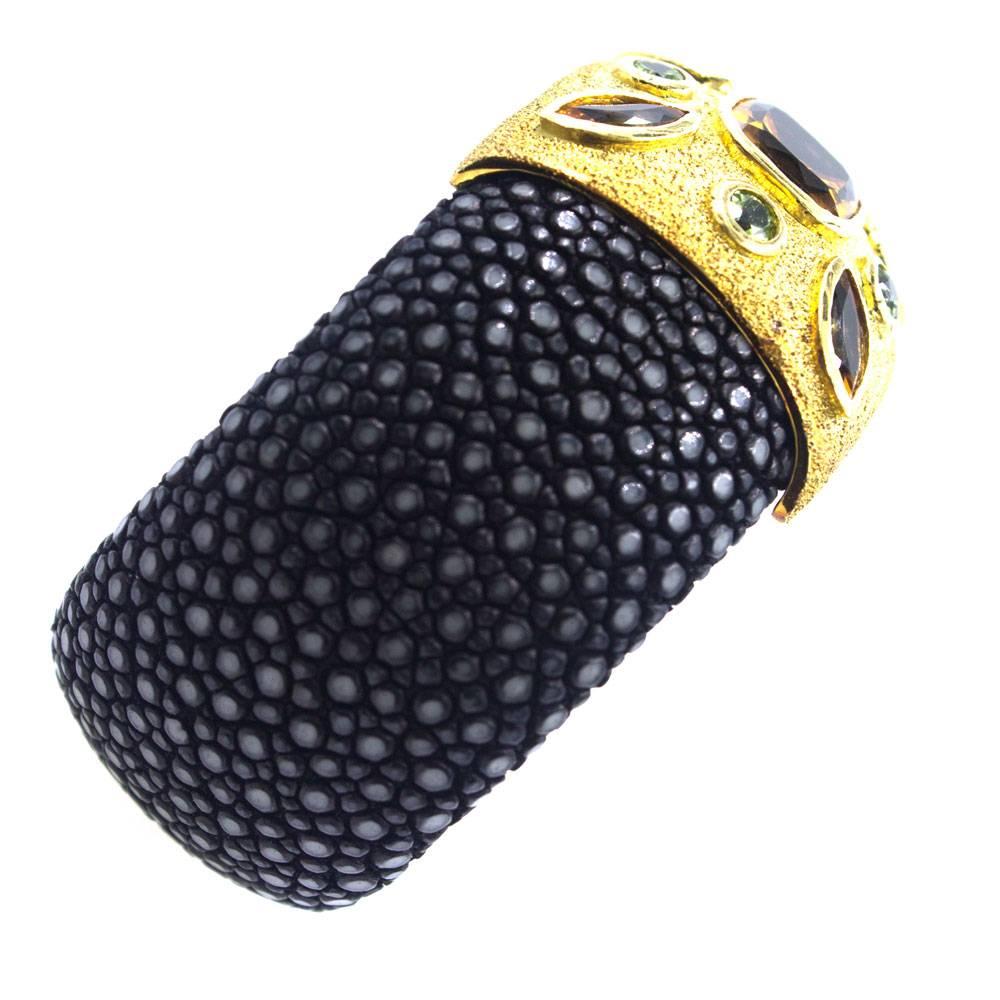 Modern 18 Karat Yellow Gold Citrine Peridot Stingray Leather Cuff Bracelet 2