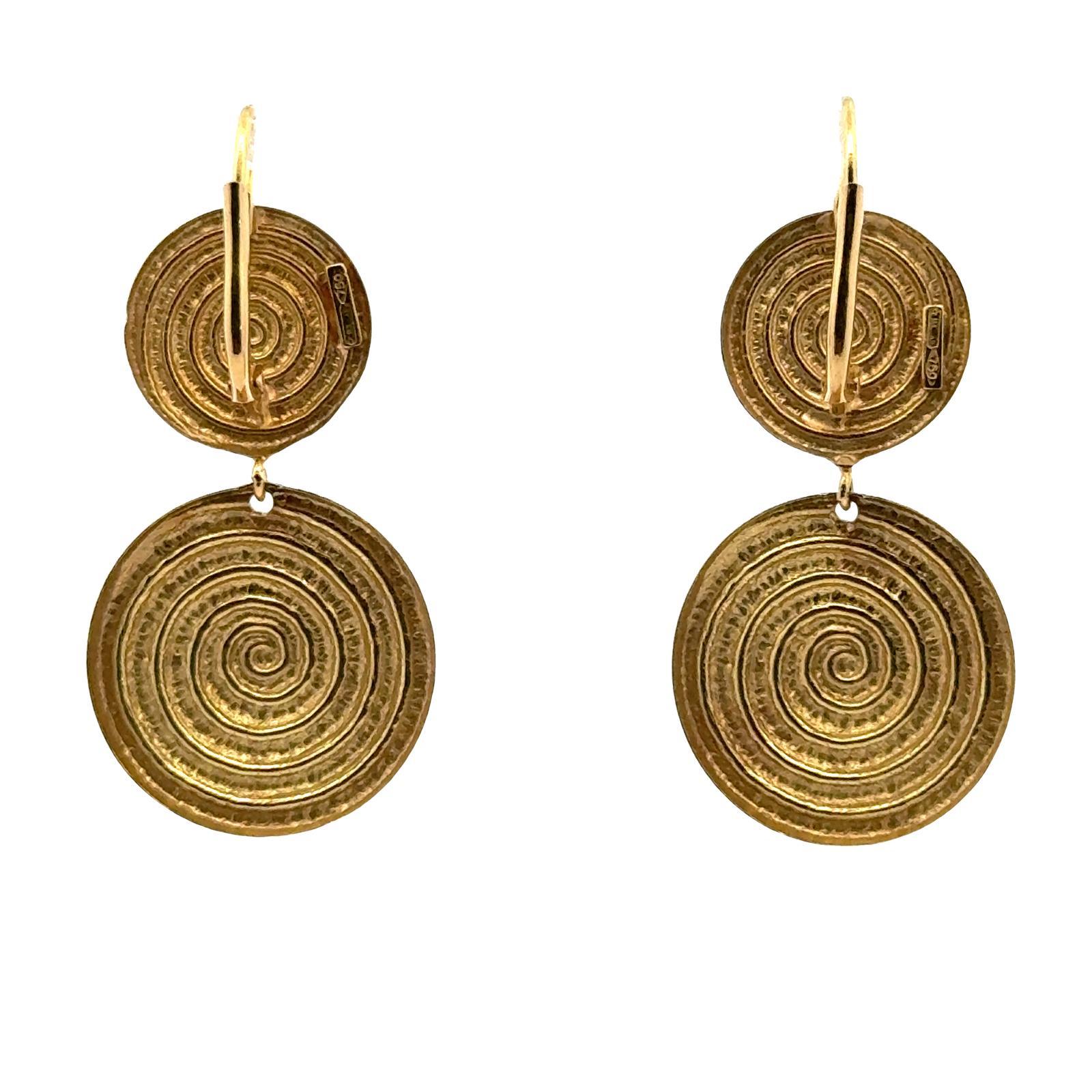 Women's Modern 18 Karat Yellow Gold Dangle Drop Round Textured Earrings For Sale