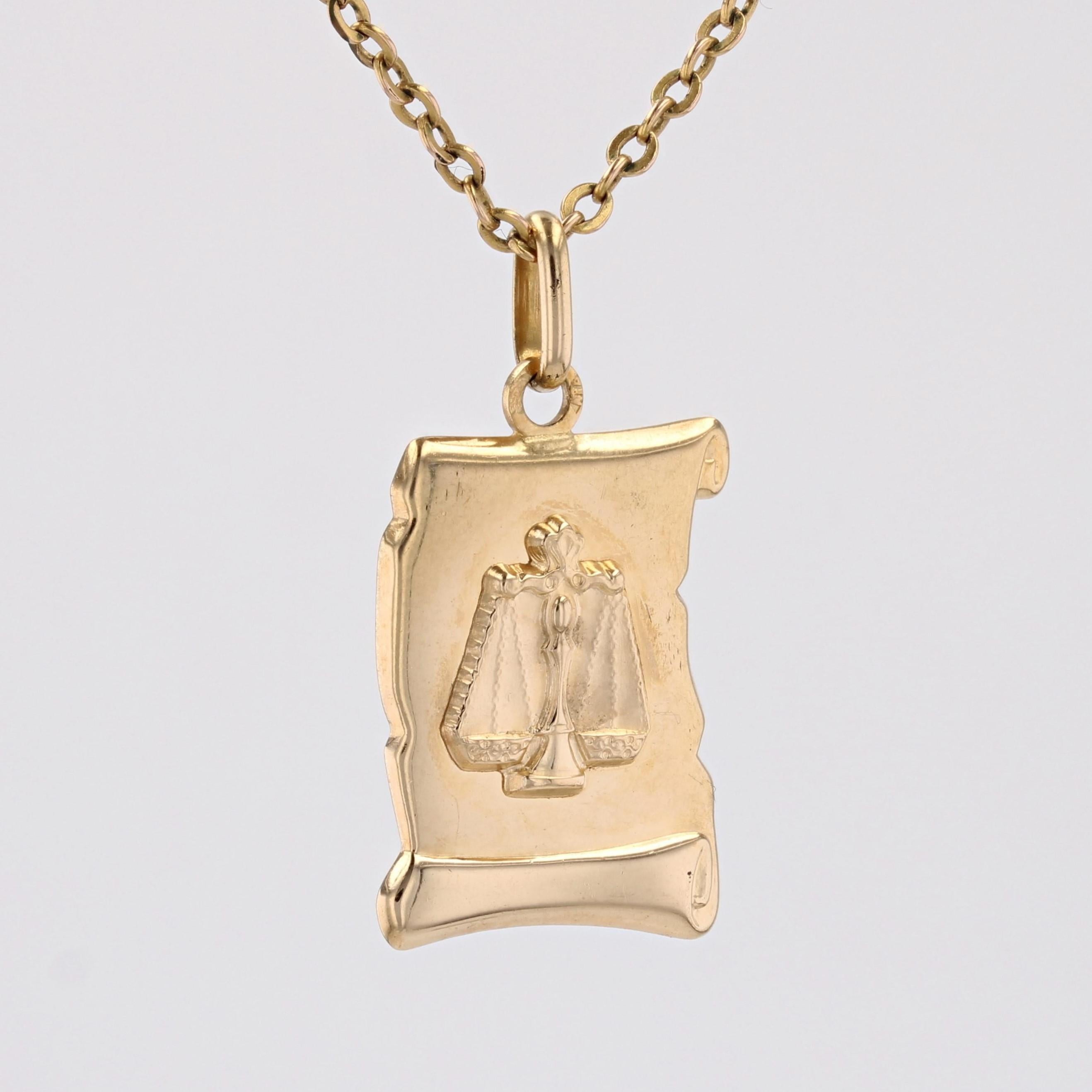 Women's or Men's Modern 18 Karat Yellow Gold Libra Medal Pendant For Sale