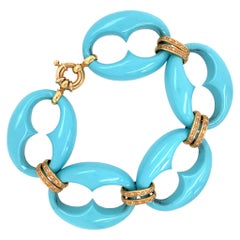 Modern 18 Karat Yellow Gold Turquoise and Diamond Bracelet
