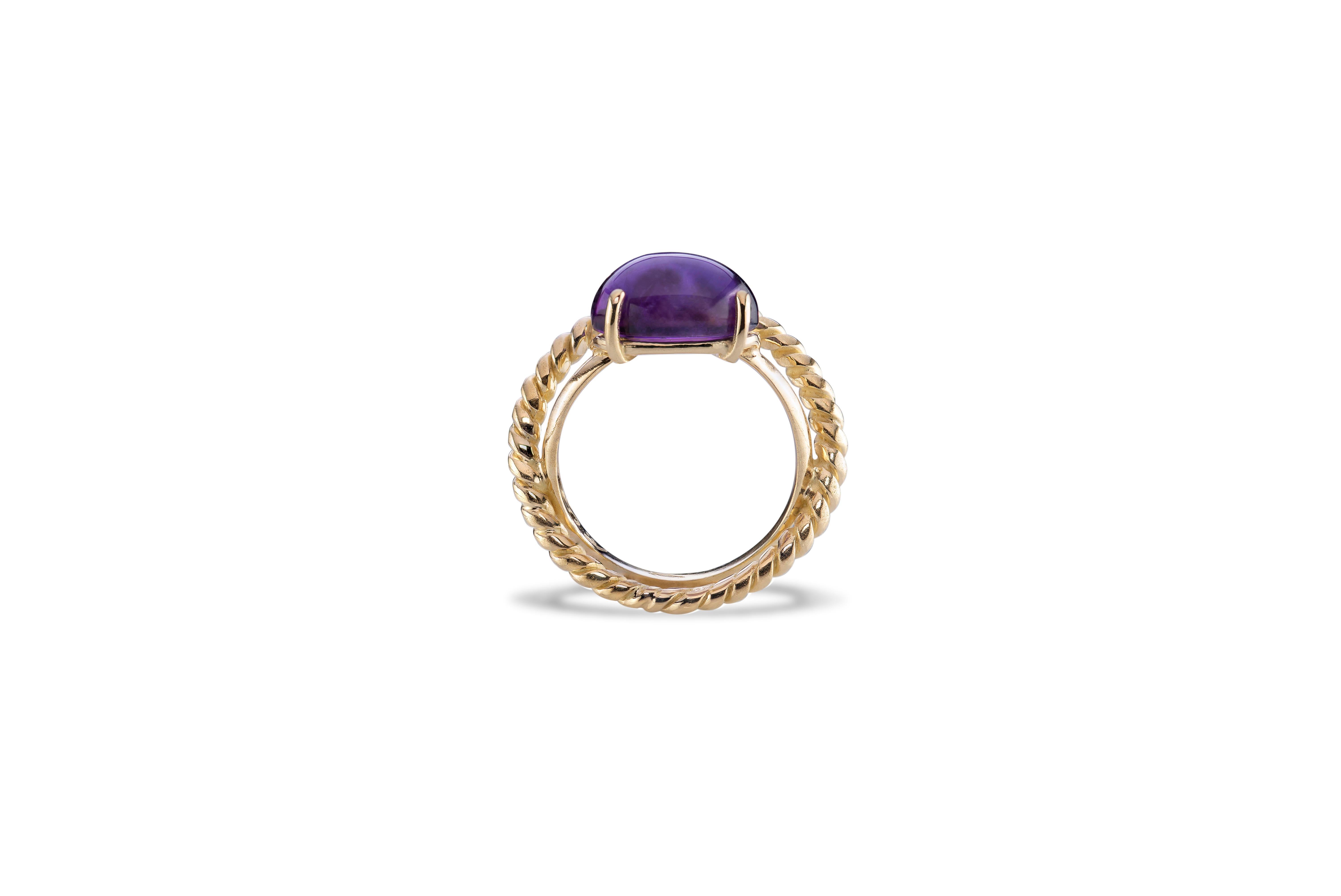 Modern 18 Karat Yellow Gold Twist Love Amethyst Handcrafted Design Ring For Sale 2