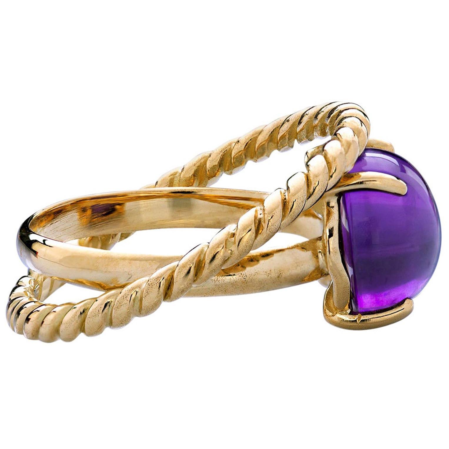 Modern 18 Karat Yellow Gold Twist Love Amethyst Handcrafted Design Ring For Sale