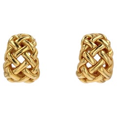 Modern 18 Karat Yellow Gold Wide Half Hoop Braided Earrings
