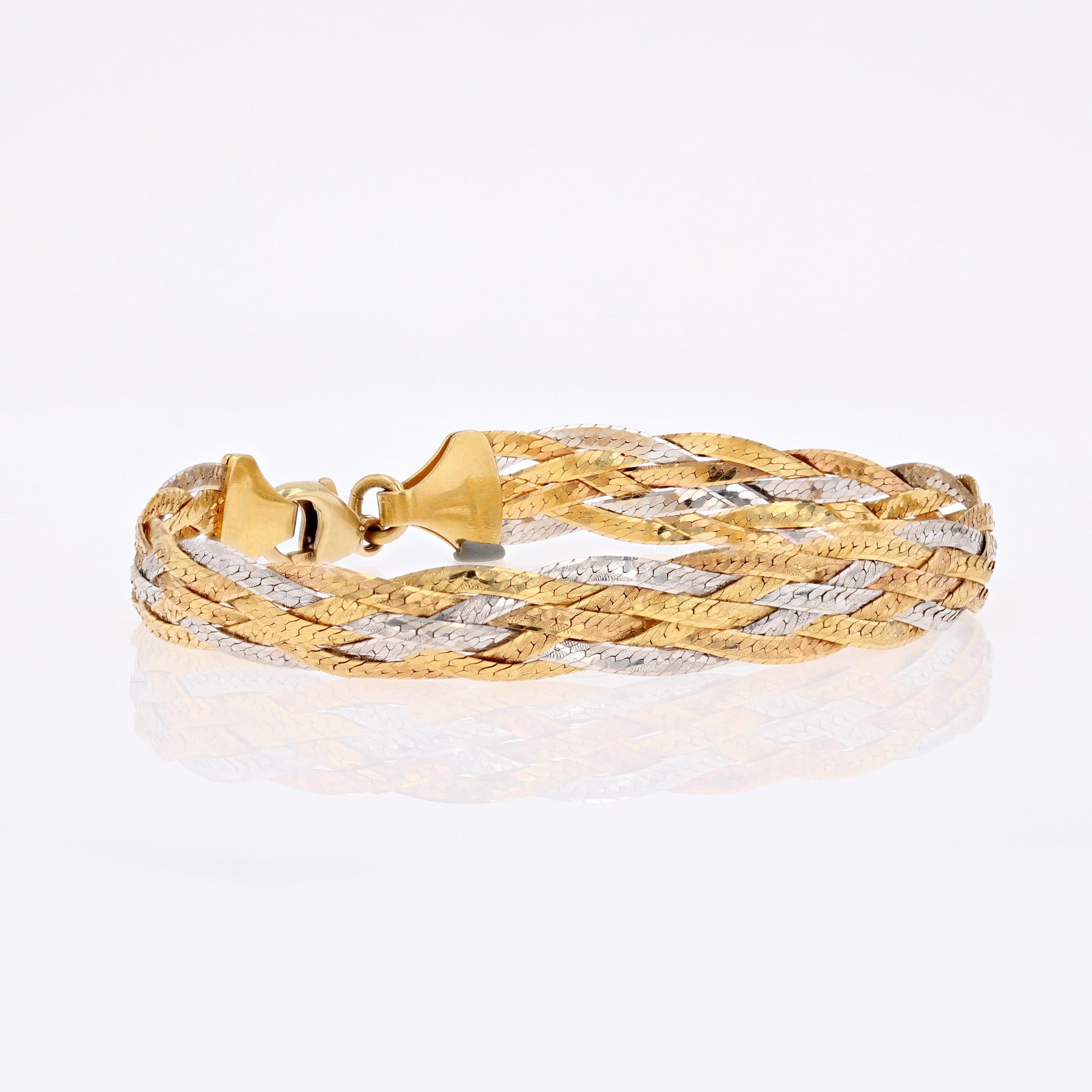 Women's Modern 18 Karat Yellow Rose and White Gold Flat Braid Bracelet