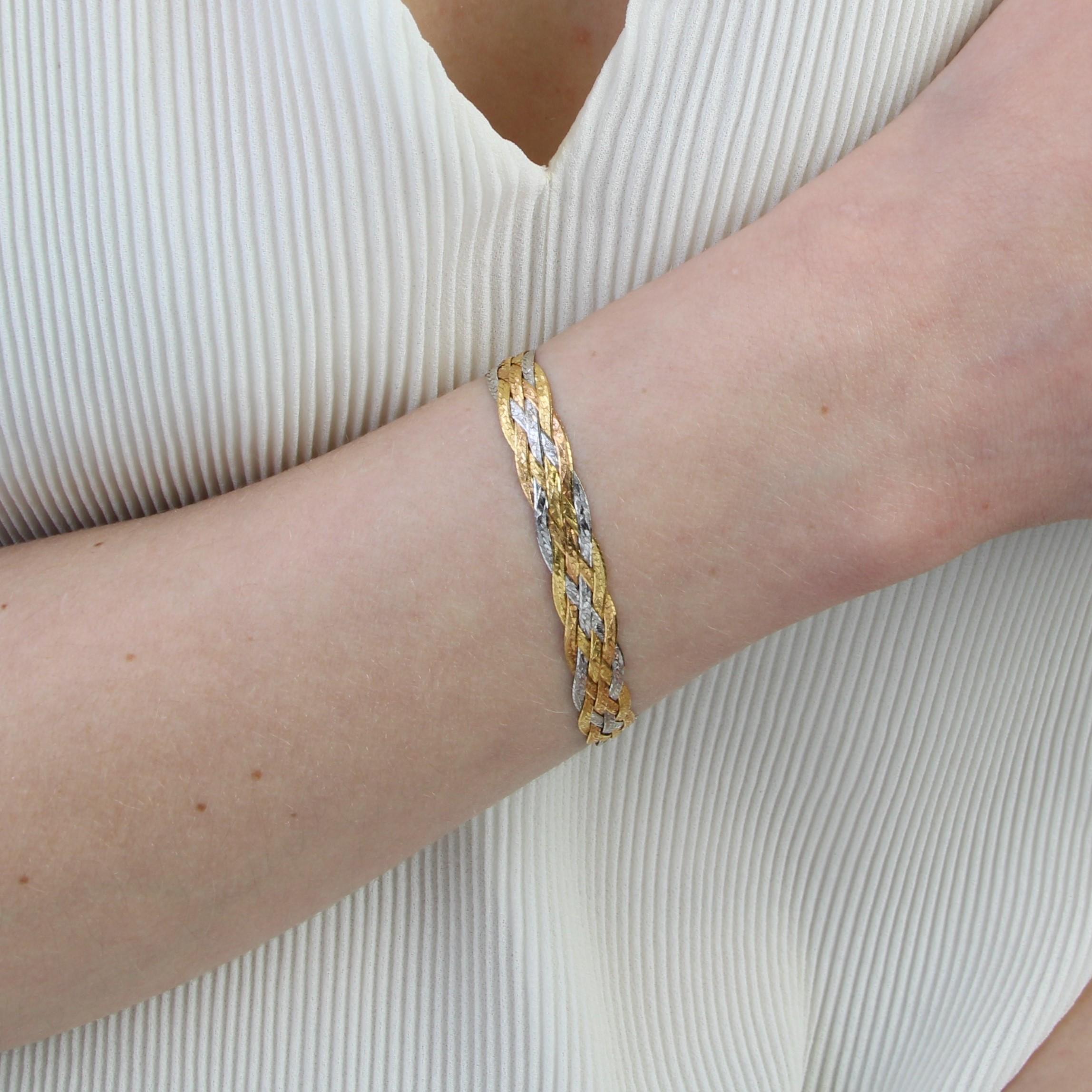Modern 18 Karat Yellow Rose and White Gold Flat Braid Bracelet 1