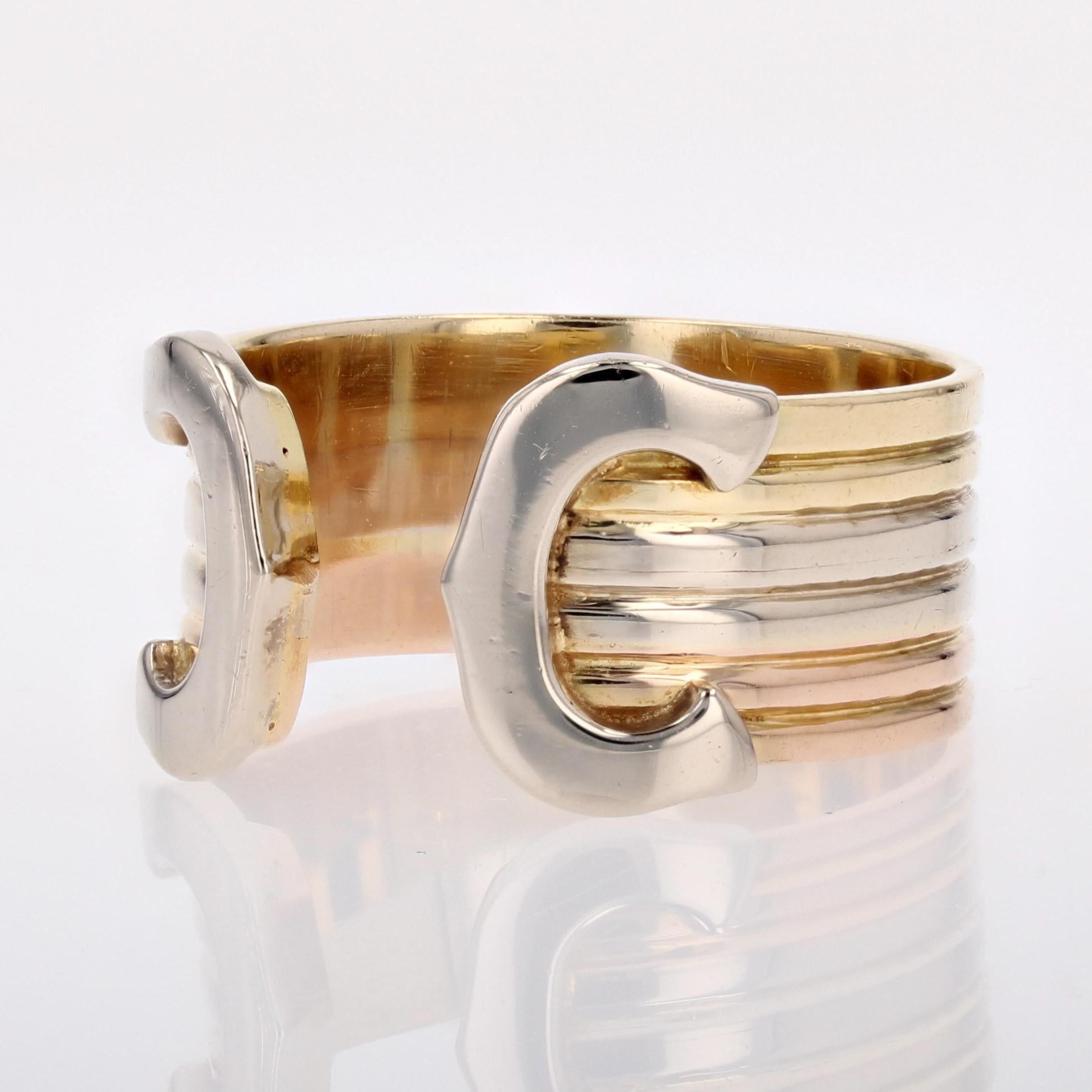Modern 18 Karats 3 Golds Double C Cartier Style Ring 2