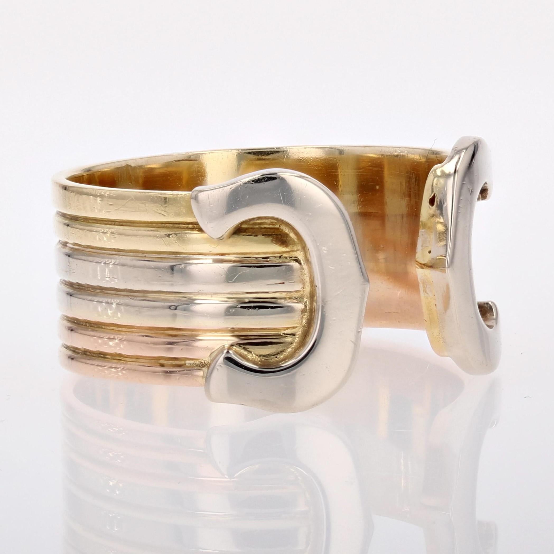 Modern 18 Karats 3 Golds Double C Cartier Style Ring 4