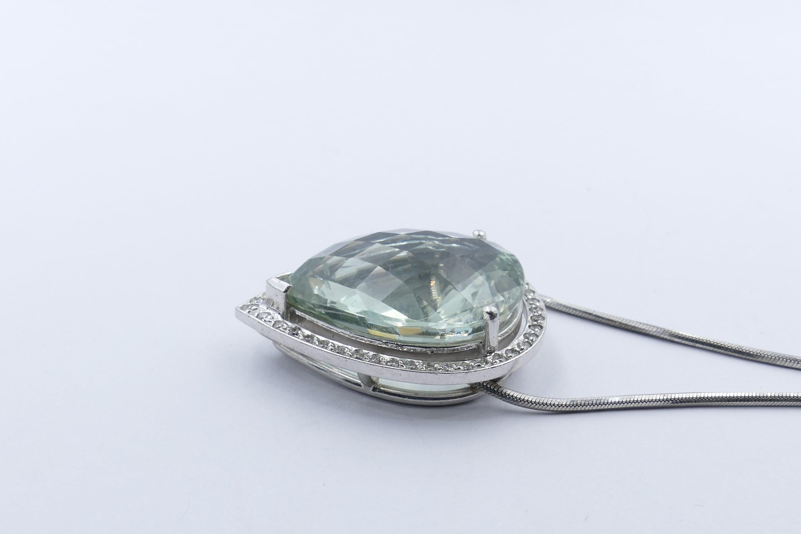 Pear Cut Modern 18 Carat White Gold Prasiolite and Diamond Pear Pendant and Chain For Sale