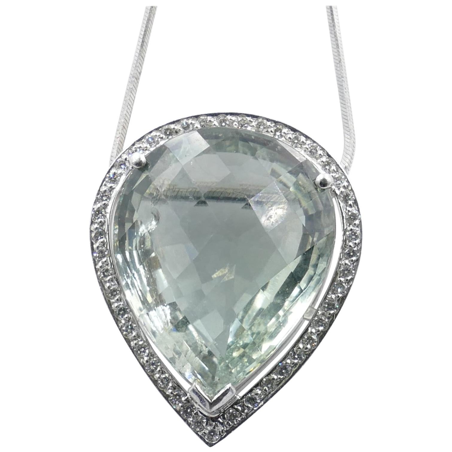 Modern 18 Carat White Gold Prasiolite and Diamond Pear Pendant and Chain For Sale