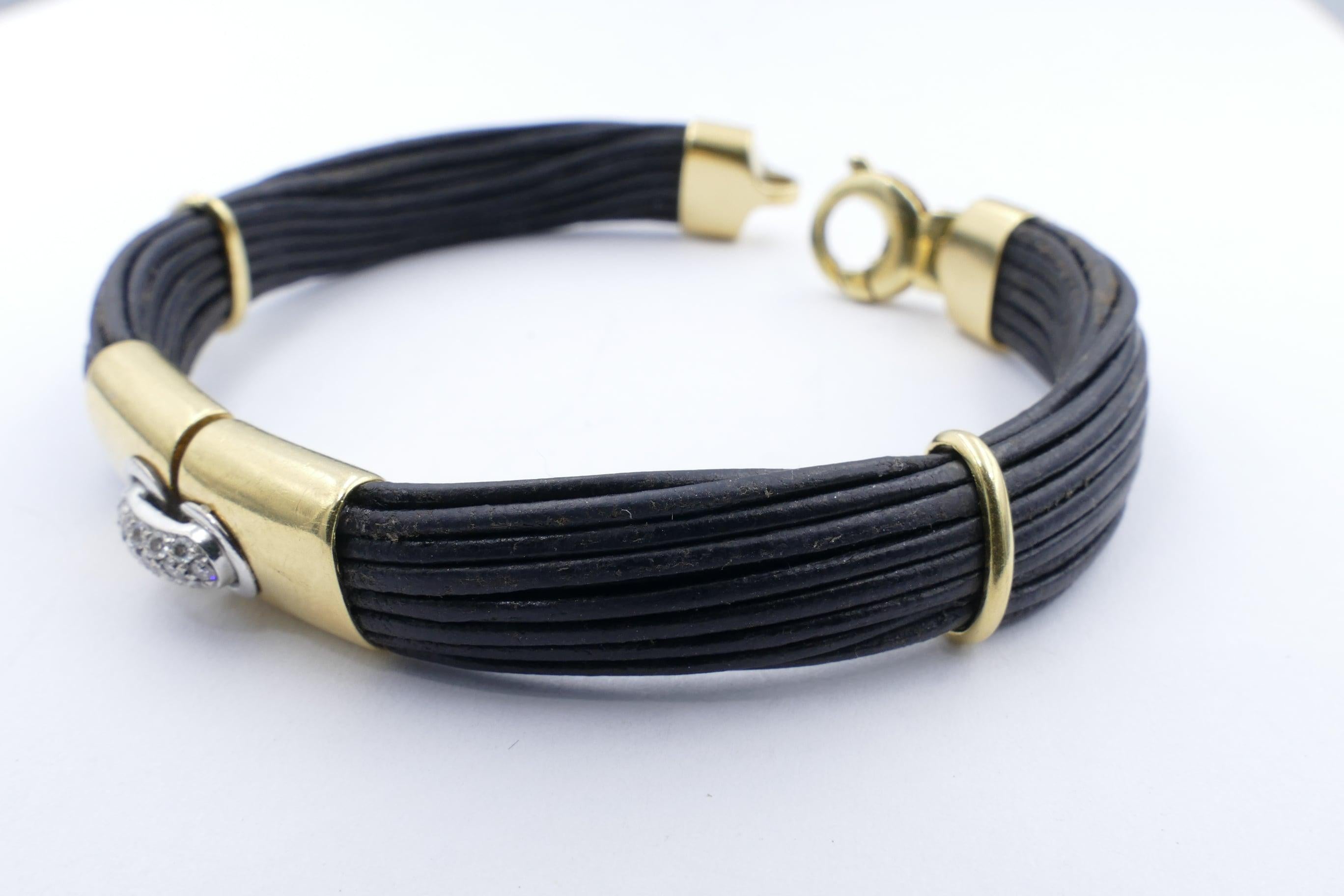 Brilliant Cut Modern 18 Carat Yellow and White Gold Diamond Leather Cord Bracelet For Sale