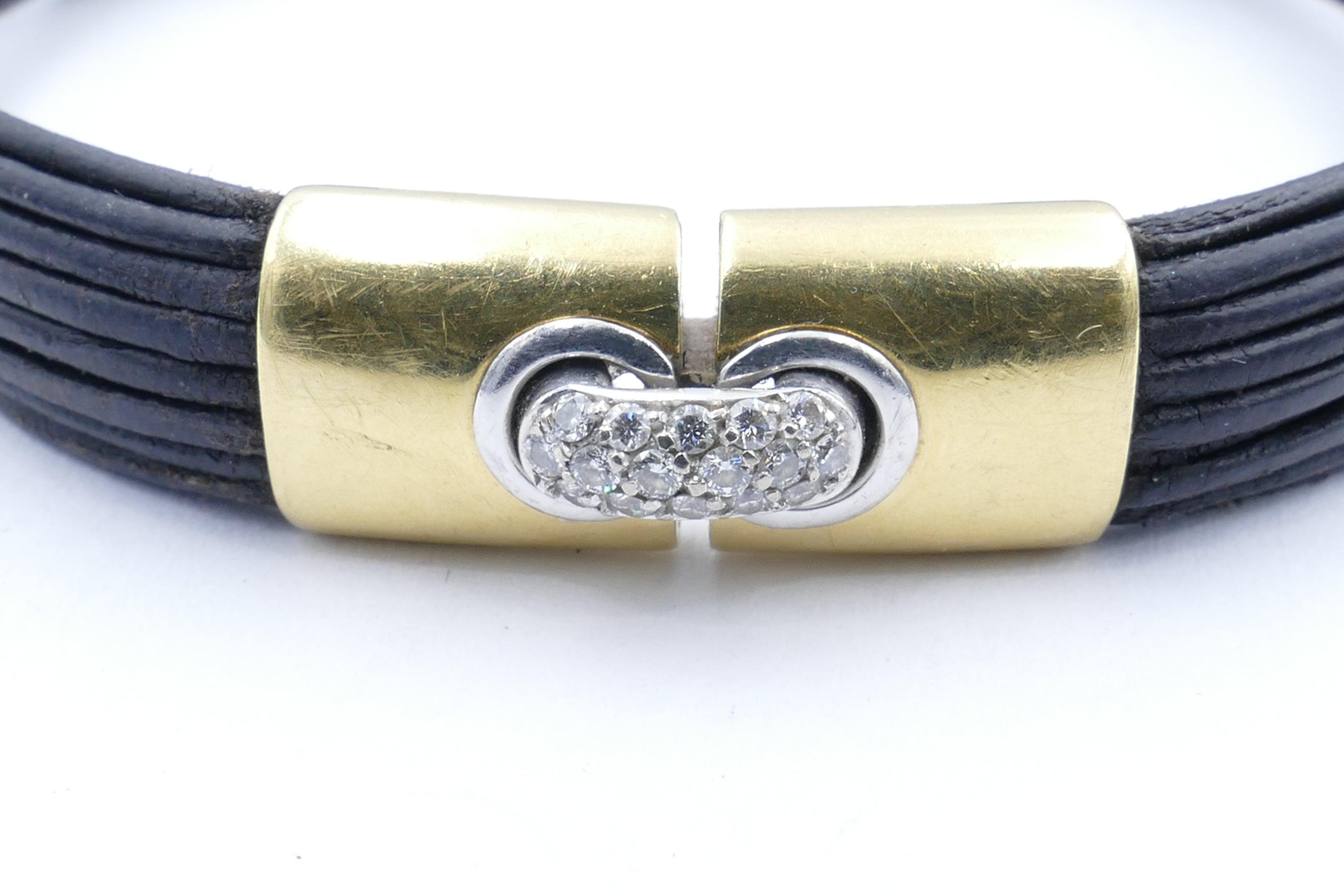 Women's or Men's Modern 18 Carat Yellow and White Gold Diamond Leather Cord Bracelet For Sale