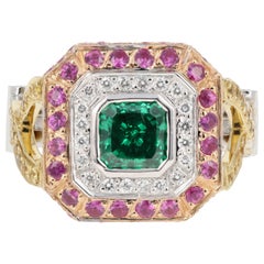 Modern 18K 2.2 Carat Tsavorite Ring Set With Diamonds, Yellow and Pink Sapphires Modern 18K 2.2 Carat Tsavorite Ring Set With Diamonds, Yellow and Pink Sapphires