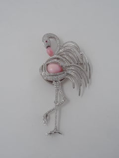 Modern 18k Gold Diamond Flamingo Brooch with Conch Pearls